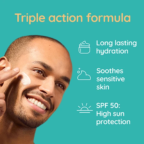 Image 1 - A smiling man applies cream to his face next to text that lists product benefits: Triple action formula Long lasting hydration Soothes sensitive skin SPF 50: High sun protection. Image 2 - An Aveeno Calm + Restore Moisturising Lotion SPF 50 bottle is shown with a swirl of lotion and the text Dermatologist Tested Aveeno Calm + Restore For Sensitive Skin Moisturising Lotion SPF 50 Normal to Dry Skin Lightweight non-greasy and fast absorbing formula. Image 3 - A woman applies cream to her cheek next to the text Use as a makeup base with non-pilling, invisible finish formula. Image 4 - A bottle of Aveeno CALM + RESTORE Moisturising Lotion SPF 50 is displayed with text icons stating Dermatologist tested, For sensitive skin, Hypoallergenic*, Fragrance free, and a note *Formulated to minimise the risk of allergies. Image 5 - A man applies a bottle of lotion to his face with text overlay that reads Intensely hydrates + protects against sun damage and pollution SPF 50 Broad Spectrum UVA/UVB Aveeno Calm + Restore SPF 50 Fluid with Soothing Oat Sensitive Skin. Image 6 - Image shows product ingredients Hyaluronic Acid, Calming Feverfew, and Nourishing Oat listed in hexagons with visual elements of a droplet, oat sprigs, and a flower. Formulated with: Hyaluronic Acid, Calming Feverfew, Nourishing Oat. Image 7 - A white Aveeno CALM+ RESTORE Moisturising Lotion SPF 50 bottle is shown on a teal background with a swirl of cream product next to it, along with the text DERMATOLOGIST TESTED Aveeno CALM+ RESTORE FOR SENSITIVE SKIN MOISTURISING LOTION SPF 50 NORMAL TO DRY SKIN Lightweight non-greasy and fast absorbing formula.