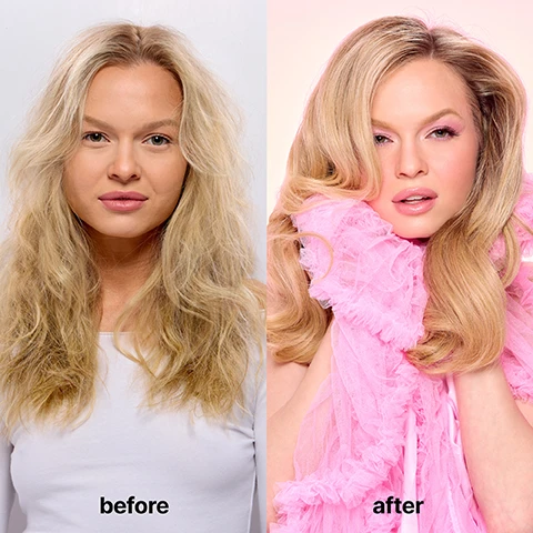 Image 1 - Image shows a side-by-side comparison of a woman with messy, frizzy blonde hair on the left labeled before and the same woman with smooth, styled blonde hair and wearing a pink outfit on the right labeled after.
Image 2 - A jar of Color Wow Dreaming Advanced Repair and Resurfacing Treatment with a creamy pink product inside, accompanied by five icons and their descriptions: seals cuticle, heat protection, controls frizz, adds shine, improves elasticity.
Image 3 - Image shows a side-by-side comparison of hair, with the left side displaying puffy, damaged hair labeled before and the right side featuring smooth, shiny hair labeled after, with the text de-puffs, smooths, polishes every strand.
Image 4 - Image comparing untreated hair with hair treated with Dreaming, showing close-up views of hair strands side by side, and text below stating in humidity test, untreated hair absorbed 3.4X more moisture than hair treated with powerful, humidity-blocker Dreaming.
Image 5 - A close-up image of a pink, creamy texture in the background with bold text listing clinical results of a hair product: 100% saw smoother, straighter hair, 87% saw less frizz, 90% said hair looks shinier, 93% reported healthier-looking hair, 100% said hair was more manageable, with a note below about the clinical study and self-assessment results of 30 volunteers.
Image 6 - Image shows two hair care products on a reflective surface: a spray bottle labeled Color WOW Dream Coat and a jar labeled Color WOW Dreaming, with the text ULTIMATE ANTI-HUMIDITY POWER COUPLE prominently displayed above them.