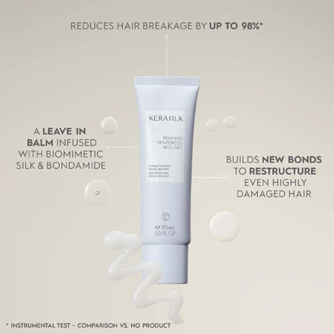 Image 1 - An image of a tube of Kerasilk leave-in balm displayed on a light background, with text highlighting features such as reduces hair breakage by up to 98%, a leave-in balm infused with biomimetic silk & bondamide, builds new bonds to restructure even highly damaged hair, and the product size of 90 mL or 3.0 FL OZ.
Image 2 - A tube of Kérastase hair product stands against a blurred background, featuring text that highlights performance benefits such as restoring damaged hair structures by up to 98%, reducing and preventing hair breakage, strengthening hair structure for up to 20 times stronger hair, and improving elasticity of each hair strand.
Image 3 - An assortment of hair care products in light blue packaging is displayed against a soft blue background, with the text SPECIALITY PRODUCTS FOR SIGNIFICANT HAIR OPTIMIZATION & IMPROVEMENT prominently featured above.
Image 4 - Image of two tubes of KERASILK hair treatment products titled Renewed Reinforced Resilient with visible labels indicating vegan formula, no animal-derived ingredients, created with over 94% natural ingredients, PETA approved, and a ClimatePartner certification QR code.
