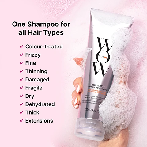 Image 1 - A hand holds a silver Color Wow shampoo bottle surrounded by white foam on a pink background, with visible text One Shampoo for all Hair Types Colour-treated Frizzy Fine Thinning Damaged Fragile Dry Dehydrated Thick Extensions WOW COLOR WOW COLOR SECURITY SHAMPOO/SHAMPOOING 250ml e 8.4 FL. OZ. Image 2 - A silver spray bottle of Color Wow Dream Coat Supernatural Spray is displayed on a light blue background, surrounded by icons highlighting product features; the bottle text reads COLOR WOW DREAM COAT SUPERNATURAL SPRAY magically transforms texture amazing humidity proofing powers 50ml e 1.7 FL OZ, and the surrounding text reads Super lightweight + non-greasy, Doubles as a heat protectant, Vegan, gluten-free, sulphate-free, no conditioning agents, Results last through 3-4 shampoos, Cruelty-free.