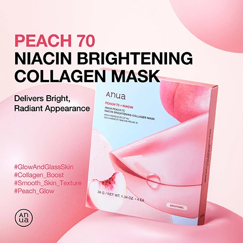 Image 1 - A pink packaging for Anuas Peach 70 Niacin Brightening Collagen Mask is displayed against a light pink background, featuring text that reads PEACH 70 NIACIN BRIGHTENING COLLAGEN MASK and Delivers Bright, Radiant Appearance along with hashtags and a logo.
Image 2 - Image shows the packaging of Anuas Peach 70 Niacin Brightening Collagen Mask, surrounded by peach slices, with text highlighting benefits such as helps improve skin clarity and balance, helps skin look revitalized, and promotes smoother and firmer skin.
Image 3 - A profile view of a person wearing a translucent pink facial mask with text that reads Keeps Skin Hydrated Even After Overnight Use along with descriptions of the masks benefits.
Image 4 - A woman is applying a translucent facial mask, with instructions and a tip about its usage visible in the image text that reads: How to Use After cleansing and finish your skincare, apply the mask leave it for 3-4 hours until it turns transparent. Then, remove and pat in the remaining essence. PRO TIP Its great to apply the mask sheet on specific areas of concern, like smile lines, neck wrinkles, and eye wrinkles, for glass skin. Pair with your favorite serum for maximized results.
Image 5 - An ingredient list for a cosmetic product featuring various components such as peach fruit water, glycerin, niacinamide, and multiple fruit extracts.