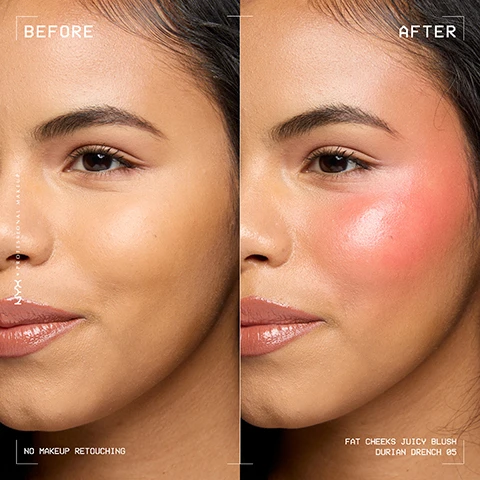 Image 1 - Split screen image showing a persons face before and after makeup application with blush visible on the right side, with text BEFORE, NYX PROFESSIONAL MAKEUP, NO MAKEUP RETOUCHING, AFTER, FAT CHEEKS JUICY BLUSH, DURIAN DRENCH 05. Image 2 - Image showing multiple tubes of NYX FAT CHEEKS liquid blush against a bright background with text that reads HYDRATION UP TO 24H FAT SHINE FAT COLOUR FAT BLUSH Your cheeks are juicy! GET CHEEKED UP IN FAT JUICY BLUSH. Image 3 - A close-up of a person wearing bright pink eyeshadow and blush with reddish hair in pigtails against a green background, smiling and looking up, with visible text that reads PLAY NO MAKEUP RETOUCHING NYX PROFESSIONAL MAKEUP WITH HEART FROM LOS ANGELES FAT CHEEKS JUICY BLUSH DRAGON FRUIT DRIP 04. Image 4 - Close-up of a person smiling with blush and lip gloss, curly hair, and hair beads, with text that reads PLAY NO MAKEUP RETOUCHING NYX PROFESSIONAL MAKEUP WITH FROM LOS ANGELES FAT CHEEKS JUICY BLUSH FIG FIZZ 02. Image 5 - A close-up of a smiling person with purple eye makeup, blush, and lip gloss, with text reading PLAY NO MAKEUP RETOUCHING NYX PROFESSIONAL MAKEUP WITH HEART FROM LOS ANGELES FAT CHEEKS JUICY BLUSH BLUEBERRY BURST 08. Image 6 - FAT CHEEKS JUICY BLUSH IN 8 FRESHLY SQUEEZED SHADES is displayed above 8 shades of NYX Professional Makeup Fat Cheeks Juicy Blush titled 01 Papaya Plump, 02 Fig Fizz, 03 Guava Gush, 04 Dragon Fruit Drip, 05 Peach Plunge, 06 Bouncin Berry, 07 Plum Pop, and 08 Blueberry Burst. Image 7 - Four panel image showing a woman applying blush: 01 BLUSH FAT CHEEKS JUICY BLUSH - 03 GUAVA GUSH 02 BLEND 03 LAYER FAT CHEEKS JUICY BLUSH - 01 PAPAYA PLUMP 04 SUNSET BLUSH. Image 8 - A four panel image shows a woman applying makeup products with text labels STEP 1 BARE WITH ME CONCEALER SERUM, STEP 2 WONDERSTICK CONTOUR, STEP 3 FAT CHEEKS JUICY BLUSH, and STEP 4 FAT OIL SLICK CLICK. Image 9 - The image shows three NYX Fat makeup products, Fat Lip Drip, Fat Juicy Blush, and Fat Slick Click Shiny Lip Balm, on a green background with text that reads FAT SHINE, NOW FOR CHEEKS! FAT DRIP. FAT CHEEKS. FAT SLICK. NYX PROFESSIONAL MAKEUP FAT lip drip 0.16 fl. oz. / 4.8 mL NYX PROFESSIONAL MAKEUP FAT CHEEKS JUICY BLUSH LIQUIDE 0.27 fl. oz. / 8 mL FAT OIL slick click SHINY LIP BALM BAUME BRILLANCE 0.07 oz. / 2 g.