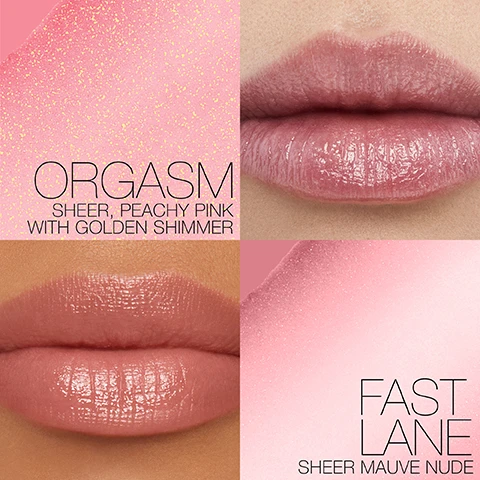 Image 1 - Two sets of lips are shown in a split image; the top left features a light peachy pink shade labeled ORGASM with the description sheer, peachy pink with golden shimmer, while the top right shows a glossy light pink close-up, and the bottom left displays a nude pink shade labeled FAST LANE with the description sheer mauve nude.
Image 2 - A close-up image of a pink lip balm stick resting on a light pink background, with text detailing its features: Beyond the Balm, Hint of Tint, Surge of Hydration, Versatile Wear.