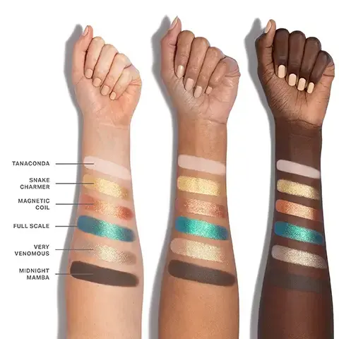 Image 1 - A close-up image of three arms displaying a variety of colorful eyeshadow swatches on their forearms, labeled from left to right with the names Tanaconda, Snake Charmer, Magnetic Coil, Full Scale, Very Venomous, and Midnight Mamba.
Image 2 - A flat lay of six piles of colorful makeup, including shades of beige, gold, teal, bronze, and brown, with labels indicating their names: 01 Tanaconda, 02 Snake Charmer, 03 Magnetic Coil, 04 Full Scale, 05 Very Venomous, and 06 Midnight Mamba.
Image 3 - Close-up of an eye with colorful eyeshadow featuring shades of blue and green, and shimmering highlights, alongside three small squares of eyeshadow shades labeled 02, 04, and 05.
Image 4 - Close-up of an eye showing a dramatic makeup look with shimmering gold and dark shades, along with swatches of three eyeshadow colors labeled 01, 02, and 06.
Image 5 - Image shows various textured makeup powders in shades of brown and pink, with accompanying text that states: THE POWER OF CHROMAPLUS BLEND, PIGMENT-PACKED PERFORMANCE, ALL-DAY, CREASEPROOF WEAR, LUXURIOUS BLENDABILITY & BUILDABILITY.
Image 6 - An image of three compact eyeshadow palettes opened to display various shades of eyeshadow, featuring text that reads INFINITE BUT COMPACT CURATIONS, NEXT-GEN FORMATS Choose from 6- or 12-pan palettes—designed for any mood and every moment, ENDLESS EXPRESSION Build versatile looks with timeless and trending shades, and READY WHEN YOU ARE Apply on the go with a built-in mirror.
Image 7 - Image shows three sections of makeup textures: the first section labeled Seamless Mattes features a light brown matte powder; the second section labeled High-Shine Metallics displays a shiny, shimmery bronze pigment; the third section labeled Ultrareflective Molten Metals presents a creamy, reflective light gold substance, with descriptive text underneath each section elaborating on the features of the finishes. Image 8 - A swatch of pink metallic eyeshadow and an open palette with six eyeshadow pans, one showing a split view of the metallic shade applied dry and wet, with the Morphe logo, and the text MEET MOLTEN METAL EYESHADOW Exclusive formula-flexing shadow in ChromaPlus 6-Pan Eyeshadow Palettes Apply dry for luminous effects Apply wet for molten-like shine Just spray your brush tip with Continuous Setting Mist before picking up and gliding along lash lines or creases MORPHE M.