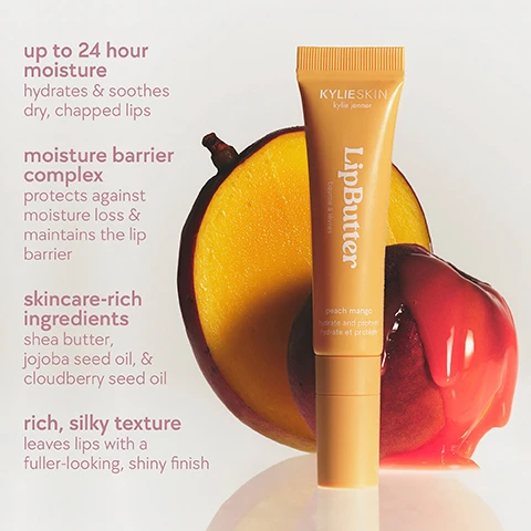 Image 1 - A tube of Kylie Skin Lip Butter peach mango is shown next to a slice of mango with red liquid dripping, with text on the left reading up to 24 hour moisture hydrates & soothes dry, chapped lips moisture barrier complex protects against moisture loss & maintains the lip barrier skincare-rich ingredients shea butter, jojoba seed oil, & cloudberry seed oil rich, silky texture leaves lips with a fuller-looking, shiny finish. Image 2 - A tube of Kylie Skin Peach Mango Lip Butter with text KYLIESKIN kylie jenner LipButter baume à lèvres peach mango hydrate and protect hydrate et protège and text on the right that reads 100% say it has a rich, buttery, & cushiony texture that melts into lips. 100% say it replenishes & locks in moisture, so lips remain quenched all day. 100% say it improves dry, chapped, & flakey lips after just one day of use.** 100% say it visibly improves the appearance of lip lines. *consumer test on 55 women between 18 and 35 years old. **consumer test on 31 women between 18 and 35 years old. Image 3 - Three tubes of lip product in orange peach mango, brown toasted marshmallow, and pink vanilla caramel colors with a squeeze of product below each display the text peach mango hydrate and protect hydrate et protège, toasted marshmallow hydrate and protect hydrate et protège, vanilla caramel hydrate and protect hydrate et protège, peach mango, toasted marshmallow, and vanilla caramel.