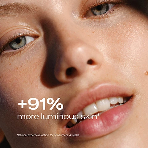 Image 1 - Close-up of a persons face showing clear skin with freckles and text +91% more luminous skin Clinical expert evaluation 27 consumers 4 weeks. Image 2 - Blurry image of an orange cloudberry and green leaves with the text Arctic Cloudberry & Vitamin C.