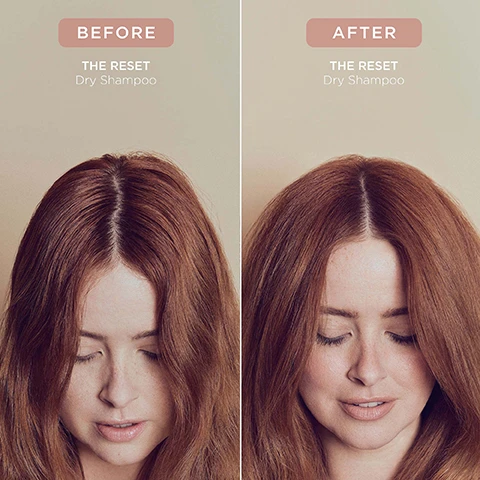 Image 3 - The image displays a before and after comparison of a womans reddish-brown hair: the left side, labeled BEFORE THE RESET Dry Shampoo, shows flat, slightly oily roots, while the right side, labeled AFTER THE RESET Dry Shampoo, shows voluminous, refreshed hair. Image 4 - A light pink dry shampoo bottle with the text THE RESET FUTURE BLOOM DRY SHAMPOO SHAMPOOING SEC BY ADAM REED NET WT. 200ml e 4.0 OZ (116g) is positioned next to usage instructions on a light tan background which read HOW TO USE: Shake well before use. Holding 10cm away, section hair and spray directly into roots. Let sit for 30 seconds then remove by massaging with fingertips or brushing through hair. TOP TIPS: o For a lighter refresh, spray onto a brush and pass through hair. o Apply before bed to soak up excess oil and sweat. Brush through in morning. Image 5 - A light pink dry shampoo bottle with subtle floral patterns is centered on a cream background, surrounded by two oranges, one sliced, a vanilla bean, and cut rhubarb stalks on the left, and a large white paper flower on the right, with visible text reading Modified starch absorbs excess oil & sweat, Baobab Oil softens hair & scalp, and on the bottle THE RESET FUTURE BLOOM DRY SHAMPOO SHAMPOOING SEC BY ADAM REED. Image 7 - Three peachy-pink beauty products, including a tall dry shampoo can and two perfume bottles, are artfully arranged on a light beige background, alongside promotional text that reads LAYER IT UP Obsessed with Future Bloom? Explore the fragrance further with our hair & skin Eau de Parfum and experience it across our Cleanse, Create and Treat ranges. Layer the scent for lasting impact. The tall dry shampoo can is labeled THE RESET FUTURE BLOOM DRY SHAMPOO SHAMPOOING SEC NET WT. 200mL e 4.0 OZ (116g). Image 8 - A hand with a tattoo holds a pink dry shampoo can, surrounded by sliced oranges and a white flower, with visible text on the can that reads THE RESET FUTURE BLOOM DRY SHAMPOO SHAMPOOING SEC NET WT. 200MLE 4.0 OZ (116g) BY ADAM REED, and additional text reading MADE WITHOUT: AMMONIA LACTOSE LATEX MINERAL OIL SILICONE SULPHATE GLUTEN TALC PARABENS, accompanied by logos for Vegan, Certified B Corporation, Made with Recycled Content, Cruelty Free International, and Award Winning. Image 9 - A close-up of a large white paper flower, a dark vanilla bean, a green leaf, and a slice of orange on a light brown background with text that reads: SMELLS LIKE: FUTURE BLOOM, A genderful floral fragrance that emulates a sun-soaked summer walk: liberating, luminous and full of potential. HEAD NOTES MANDARIN RHUBARB HEART NOTES JASMINE LILY OF THE VALLEY GROUND NOTES TEA ROSE VANILLA.