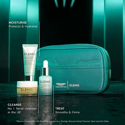A light-colored tube of Elemis Pro-Collagen Marine Cream, a gold jar of Elemis Pro-Collagen Cleansing Balm, and a clear dropper bottle of Elemis Pro-Collagen Future Re-Store Serum are displayed next to a teal Elemis Formula One Team branded cosmetic bag on a dark background with teal lighting; visible text includes MOISTURISE Protects & Hydrates, CLEANSE No. 1 facial cleanser in the UK*, TREAT Smooths & Firms, and *Source: Circana (UK) Ltd, Retail Tracking Service, Prestige Skincare Facial Cleanser Value and Unit Sales.