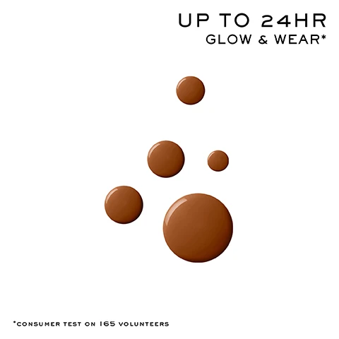 Image 1 - Five drops of brown liquid on a white background with the text UP TO 24HR GLOW & WEAR* and *CONSUMER TEST ON 165 VOLUNTEERS. Image 2 - Close-up of a smiling womans face with the text BEFORE in the bottom left corner and AFTER in the top right corner. Image 3 - Five circular drops of liquids in clear, beige, brown, and pink colors with the text 87% SKINCARE BASE NIACINAMIDE, HYALURONIC ACID & VITAMIN E. Image 4 - Swatch comparison of Lancôme foundation shades on five different arms showing shades 10N 12N 14N 16C 20N 22C 24W 26W 28N 30W 32C 34W 40W 42C 44N 50W 52W 54N 56C 58C and text Lancome on bottles.