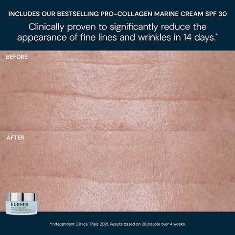 Image 5 - A before and after comparison of skin shows visible wrinkles in the BEFORE section and smoother skin in the AFTER section, with a jar of Elemis Pro-Collagen Marine Cream SPF 30, and text that reads: INCLUDES OUR BESTSELLING PRO-COLLAGEN MARINE CREAM SPF 30 Clinically proven to significantly reduce the appearance of fine lines and wrinkles in 14 days.*Independent Clinical Trials 2021. Results based on 38 people over 4 weeks. Image 6 - The image shows two open jars of cosmetic cream against a dark blue background, with the left jar being Elemis Pro-Collagen Marine Cream SPF 30 Hydrating day cream SPF 30 PA+++ and associated text reading PRO-COLLAGEN MARINE CREAM SPF 30 Clinically proven to significantly reduce the appearance of fine lines and wrinkles in 14 days*, and the right jar being Elemis Pro-Collagen Night Cream Hydrating night cream and associated text reading PRO-COLLAGEN NIGHT CREAM Clinically proven to improve hydration by up to +142% overnight**, followed by footnotes *Independent Clinical Trials 2021. Results based on 38 people over 4 weeks. **Independent Clinical Trials 2021. Results based on 37 people over 4 weeks. Image 7 - Two Elemis Pro-Collagen cream jars are shown on a dark blue background, with the left jar labelled Morning Hydrate & Firm and Elemis Pro-Collagen Marine Cream SPF 30 Hydrating day cream SPF 30 PA+++, and the right jar labelled Elemis Pro-Collagen Night Cream Hydrating night cream, with text below it stating Evening Rejuvenate & Smooth.