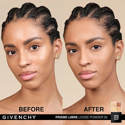 Image 1 - Before and after split image of a womans face with text reading BEFORE AFTER GIVENCHY PRISME LIBRE LOOSE POWDER 05.
Image 2 - Four panels show shaking the container, powder stamped on cheek, blending powder with a puff, and the final look, with text reading SHAKE IT STAMP IT BLEND IT AFTER GIVENCHY PRISME LIBRE LOOSE POWDER 03.
Image 3 - Image shows four skin tone examples labeled Fair, Light, Medium, and Deep paired with images of Givenchy Prisme Libre Loose Powder compacts and shade names Mousseline Pastel 01, Satin Blanc 02, Voile Rosé 03, Mousseline Acidulée 04, Popeline Mimosa 05, and Organza Ambrée 06, along with the text Givenchy Prisme Libre Loose Powder.
Image 4 - A cosmetic compact with four shades is shown on a background split into four colors with text reading SHADE 05 FOR MEDIUM-TO-DEEP COMPLEXIONS HELPS TO CORRECT BLUE TONES BOOSTS SKINS RADIANCE HELPS TO CORRECT PURPLE TONES UNIFIES SKINTONE MIX TOGETHER THE 4 COLORS FOR A PERFECTLY BLURRED COMPLEXION.
Image 5 - A clear compact of Givenchy Prisme Libre 4-color loose powder surrounded by puffs of colored powder. Text: NEW PRISME LIBRE 4-COLOR LOOSE POWDER GIVENCHY 24H LUMINOUS MATTE* - 12H SET & BLUR* BARE SKIN SENSATION *INSTRUMENTAL TEST ON 27 VOLUNTEERS AFTER APPLICATION