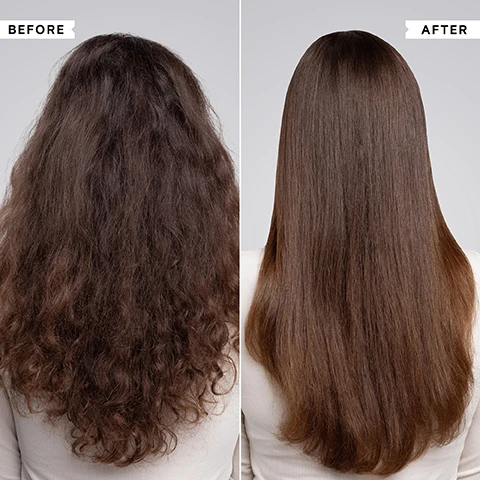 Image 1 - A split image shows a persons brown hair before and after treatment, with frizzy and voluminous hair on the left and smooth, sleek hair on the right. Visible text reads BEFORE and AFTER. Image 2 - A hand holds a white tube of Philip Kingsley Elasticizer Deep-Conditioning Treatment, with text on the tube reading PHILIP KINGSLEY ELASTICIZER Adds elasticity and bounce Apporte élasticité et tonicité DEEP-CONDITIONING TREATMENT TRAITEMENT REVITALISANT EN PROFONDEUR 40ml 1.35 fl.oz, and accompanying text to the right stating ELASTICIZER DEEP-CONDITIONING TREATMENT, CLINICALLY PROVEN to reduce breakage after one use^, The solution to STRONGER, shiny hair, Leaves hair INSTANTLY SOFTER, NOURISHED and HEALTHIER-LOOKING, with a footnote ^46% REDUCTION IN BREAKAGE AFTER ONE USE - INDEPENDENT INSTRUMENTAL TEST. Image 3 - A white tube of Philip Kingsley Elasticizer Booster Restoring Conditioner is displayed on a light grey background with its benefits listed beside it, featuring text PHILIP KINGSLEY ELASTICIZER BOOSTER nourishes and protects damaged hair nourrit et protège les cheveux abimés RESTORING CONDITIONER APRÈS-SHAMPOOING RÉPARATEUR 50ml 1.69 fl oz and ELASTICIZER BOOSTER RESTORING CONDITIONER Strengthens dry, brittle hair Quick and easy to use in-shower Boosts effects of Elasticizer treatments Combats frizz.