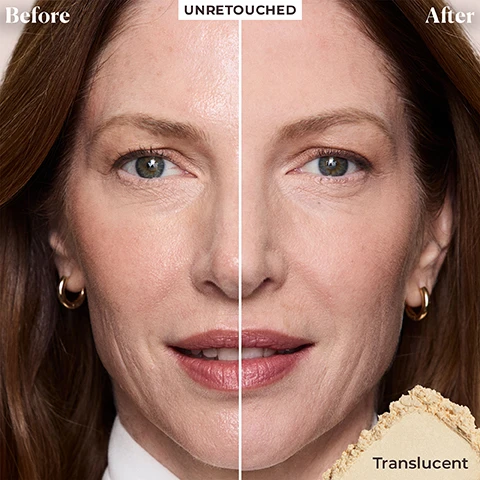 Image 4 - A womans face is split vertically into Before and After sections, with the left side showing more visible skin texture and the right side showing smoother skin, along with a pile of translucent powder in the bottom right corner, and the text Before, UNRETOUCHED, After, Translucent. Image 5 - The image displays a Laura Mercier translucent setting powder container with a puff and spilled powder, its pink and gold product box, a black compact, and a cream-filled cupcake, all on a clear stand, with visible text that states Set for the Season, 24HR shine control, Sets makeup for 16HRs, Blurs texture and pores, Laura Mercier Paris New York, and Laura Mercier. Image 6 - A close-up shows a persons face with a hand holding a white Laura Mercier velour puff to their cheek, alongside text that reads Lauras Artistry Technique, Use a Velour Puff for Flawless Application, Right Dosage, Delivers the right amount of product onto skin for a natural finish, Melts Powder Into Skin, Becomes one with skin and sets makeup for 16HRS. Image 7 - A four-step makeup routine titled Your Flawless Routine features Laura Mercier products: Step 01 Prime shows a light blue tube of Pure Canvas Primer Hydrating; Step 02 Perfect shows a beige tube of Tinted Moisturizer Natural Dewy labeled Crème Teintée Fraîcheur Naturelle SPF 30 UVB/UVA/PA+++; Step 03 Conceal shows a peach tube with a wand applicator for Real Flawless Weightless Perfecting Concealer; and Step 04 Set shows a jar of Translucent Loose Setting Powder.