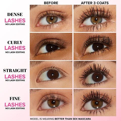 Image 1 - A comparative grid shows four rows of eyes labeled Dense Lashes, Curly Lashes, Straight Lashes, and Fine Lashes, each with a Before image and an After 3 Coats image demonstrating mascara application, with accompanying text No Lash Editing and Model is wearing Better Than Sex Mascara. Image 2 - A pink mascara tube labeled Too Faced Ribbon Wrapped Lash, with its applicator brush visible, rests against a black ribbon on a pink background, next to text stating Ribbon Wrap TM Technology creates a super-extended tube around lashes, No smudging, clumping, or flaking, Sweat & Humidity Resistant, and Tubing formula delivers 24-hours of extreme length & separation.