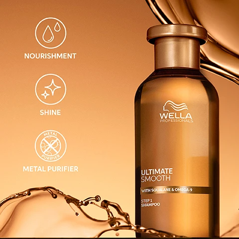 Image 1 - A golden-brown Wella Professionals Ultimate Smooth shampoo bottle is displayed against an orange-brown background with liquid splashes, featuring the text Wella Professionals Ultimate Smooth with Squalane & Omega-9 Step 1 Shampoo on the bottle, and three white icons to the left: Nourishment with two drops, Shine with two stars, and Metal Purifier with a crossed-out circle. Image 2 - A bronze tube of Wella Professionals Ultimate Smooth conditioner with squalane and omega-9, labeled Step 2 Conditioner, is surrounded by golden liquid splashes, with icons on the left indicating smoothness, shine, nourishment, and manageability. Image 3 - A golden-brown bottle of Wella Professionals Ultimate Smooth Miracle Oil Serum with a pump dispenser is surrounded by golden liquid splashes on a warm brown background, with text that reads Nourish in 30 Seconds, Smoothness That Lasts Up To 3 Days*, *If unwashed for 3 days, vs. untreated. Image 4 - An amber Wella Professionals Ultimate Smooth Miracle Oil Serum bottle with a bronze pump dispenser rests on a light brown surface with oil droplets, displaying text Dermatologically Tested, Suitable for Coloured Hair, UV and Heat Protection, Wella Professionals Ultimate Smooth Step 3 Miracle Oil Serum with Squalane & Omega-9, 100 ML | 3.4 FL OZ. Image 5 - A graphic illustration shows layers of a substance peeling back to reveal a glowing orange core, with text overlaying the image stating: PATENTED TECHNOLOGY WITH SQUALANE & OMEGA 9; OUTSIDE Creates a protective barrier; and INSIDE It deeply nourishes the hair.