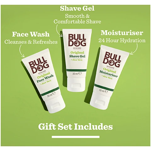 Image 1 - Three tubes of Bulldog Skincare Original Face Wash, Original Shave Gel, and Original Moisturiser are shown on a green background with text Shave Gel Smooth & Comfortable Shave, Face Wash Cleanses & Refreshes, Moisturiser 24 Hour Hydration, and Gift Set Includes. Image 2 - A close-up of a green leaf and gel with the text Natural Origin Ingredients To refresh your daily routine. Image 3 - A green box of Bulldog Skincare Original Mini Skincare Trio Cleanses & Hydrates Your Skin containing three tubes labeled Original Shave Gel + Aloe Vera, Original Face Wash + Aloe Vera, and Original Moisturiser + Aloe Vera 30 ml e, also showing logos for WITH NATURAL ORIGIN INGREDIENTS, Vegetarian Society Vegan APPROVED, and Cruelty-Free INTERNATIONAL. Image 4 - A Bulldog Skincare Original Mini Skincare Trio box with three tubes on a green background and dark green ribbon showing the text BULL DOG SKINCARE Original Shave Gel Face Wash Moisturiser Original Mini Skincare Trio Cleanses & Hydrates Your Skin VEGAN friendly Certified Natural Origin Boots Approved #ProtestPointlessGifts.