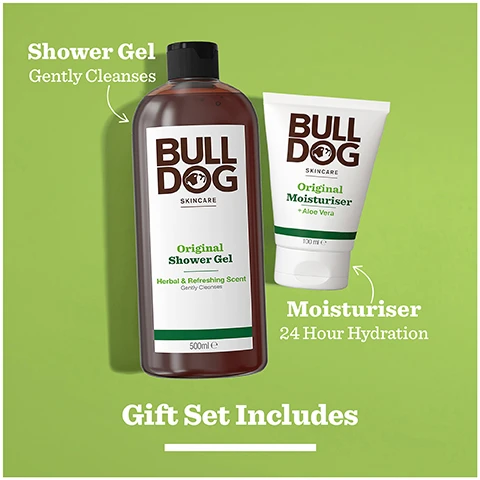 Image 1 - A bottle of shower gel and a tube of moisturiser on a green background with the text BULLDOG SKINCARE Original Shower Gel Herbal & Refreshing Scent Gently Cleanses 500ml e, BULLDOG SKINCARE Original Moisturiser +Aloe Vera 100ml e, Shower Gel Gently Cleanses, Moisturiser 24 Hour Hydration, and Gift Set Includes. Image 2 - A hand squeezes Bulldog Skincare Original Moisturiser onto another hand, the tube is labelled BULL DOG SKINCARE Original Moisturiser + Aloe Vera 24hr Hydration 96% Natural Origin Recycled 100 ml e and the overlay text says Normal To Dry Skin. Image 3 - A hand pours shower gel from a bottle labeled BULLDOG SKINCARE Original Shower Gel Herbal & Refreshing Scent Deeply Cleanses into another hand, with overlaid text Herbal & Refreshing. Image 4 - A green gift box displays Bulldog Skincare Original Shower Gel 500ml Herbal & Refreshing Scent Gently Cleanser and Original Moisturiser 100ml + Aloe Vera, with text on the box reading Original Shower Gel & Moisturiser Duo, and text next to the box reading WITH NATURAL ORIGIN INGREDIENTS Vegetarian Society Vegan APPROVED Cruelty-Free INTERNATIONAL. Image 5 - A green Bulldog Skincare gift box containing Original Shower Gel and Moisturiser on a green background with green ribbon features the text BULL DOG SKINCARE, Original Shower Gel & Moisturiser Duo, Start Your Day Right, and the hashtag ProtestPointlessGifts.