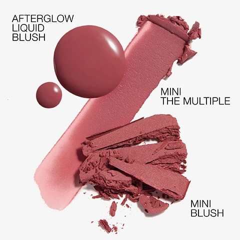 Image 1 - The image shows various blush products in a dusty rose shade, including a liquid blush swatch with two drops, and crushed pressed powder blush, with visible text Afterglow Liquid Blush, Mini The Multiple, and Mini Blush. Image 2 - A grid image shows three womens faces in the top row, each wearing a pink blush, and three corresponding pink blush swatches with product names in the bottom row: AFTERGLOW LIQUID BLUSH, MINI THE MULTIPLE, MINI BLUSH. Image 3 - Three women display different blush shades on their cheeks, with product swatches beneath labeled AFTERGLOW LIQUID BLUSH, MINI THE MULTIPLE, and MINI BLUSH. Image 4 - A collage shows three dark-skinned women wearing different pink blushes on their cheeks, with the bottom half displaying swatches of a glossy pink liquid, a matte pink cream, and a shimmery pink powder, labeled Afterglow Liquid Blush, Mini The Multiple, and Mini Blush.