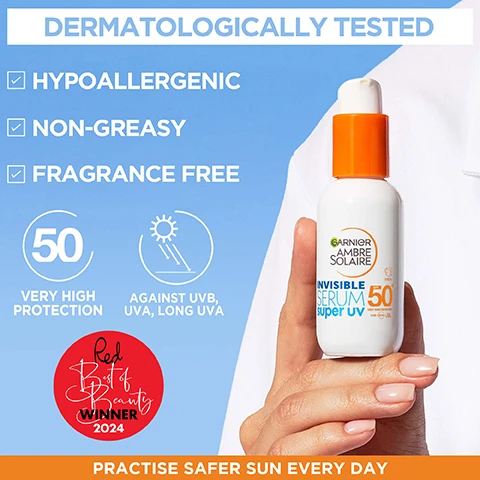 Image 1 - An image shows a hand holding a white bottle of Garnier Ambre Solaire Invisible Serum Super UV 50 sunscreen against a blue and white background with text that reads Dermatologically Tested, Hypoallergenic, Non-Greasy, Fragrance Free, 50 Very High Protection, Against UVB, UVA, Long UVA, Red Best of Beauty Winner 2024, Practise Safer Sun Every Day. Image 2 - A white bottle of Garnier Ambre Solaire Invisible Serum Super UV SPF 50+ sunscreen with an orange pump top is displayed on a blue background, with accompanying text that reads INNOVATION INVISIBLE SERUM super UV, FIGHT AGAINST EXTERNAL AGGRESSIONS & SKIN POLLUTION, INSTANT SKIN BARRIER PROTECTION, and PRACTISE SAFER SUN EVERY DAY. Image 3 - A close-up of a persons eye and fingers with white cream on them, with the visible text HOW TO USE? APPLY THE EQUIVALENT OF 2 FINGERS EVERY DAY PRACTISE SAFER SUN EVERY DAY. Image 4 - The image shows a white Garnier Ambre Solaire Invisible Protect High Protection Refreshing Spray SPF 30 UVA UVB bottle with an orange cap, standing on sand against a blue sky, featuring text that reads PROTECT WITH AN INVISIBLE FINISH, HIGH UVB & UVA PROTECTION, 94% AGREE ABSORBS QUICKLY*, 94% AGREE HAS A LIGHT TEXTURE*, Recyclable Bottle, Vegan, Clear Finish - Quick Dry, Contains Aloe Vera soothes and refreshes, and the small print *Self-assessment, 70 subjects. Image 5 - A clear sphere containing green aloe vera leaves and liquid is shown on a light blue background, with the text KEY INGREDIENTS, ALOE VERA, and REFRESHING FORMULA INFUSED WITH ALOE VERA. Image 6 - An image on a light blue background features a cluster of water droplets on the left and text describing product benefits on the right, which reads LIGHTWEIGHT TEXTURE, INVISIBLE FINISH, ABSORBS QUICKLY, QUICK-DRY TEXTURE, NON-STICKY FINISH, VERY WATER-RESISTANT. Image 7 - A hand holds a white and orange Garnier Ambre Solaire Invisible Protect High Protection Refreshing Spray SPF 30 sunscreen bottle, which also displays RECYCLABLE BOTTLE, UVA, VEGAN, CLEAR FINISH QUICK DRY, CONTAINS ALOE VERA, and Soothes and refreshes, next to instructions under the heading HOW TO USE: STEP 1. SPRAY PRODUCT ONTO HANDS, STEP 2. APPLY ONTO SKIN BEFORE SUN EXPOSURE, and STEP 3. RE-APPLY FREQUENTLY AND GENEROUSLY TO MAINTAIN PROTECTION especially after perspiring, swimming or toweling.