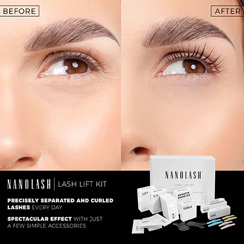 Image 1 - Split image shows a womans eye before and after a lash lift treatment resulting in lifted and curled lashes, with the Nanolash Lash Lift Kit and components displayed below, accompanied by the text BEFORE AFTER NANOLASH LASH LIFT KIT PRECISELY SEPARATED AND CURLED LASHES EVERY DAY SPECTACULAR EFFECT WITH JUST A FEW SIMPLE ACCESSORIES NANOLASH LASH LIFT KIT LIFT FIX KERATIN BOOSTER TOOLS GLUE Eyelash Curl. Image 2 - A woman with lifted lashes looks up next to the Nanolash Lash Lift Kit and text: NANOLASH LASH LIFT KIT PRECISELY SEPARATED AND NOURISHED LASHES LASH CURL AND LIFT LASTING FOR UP TO 8 WEEKS NATURAL-LOOKING CURLED AND VOLUMINOUS LASHES ESSENTIAL PRODUCTS AND ACCESSORIES ENOUGH FOR 10 APPLICATIONS. Image 3 - A woman holds open a Nanolash Lash Lift Kit box displaying its contents with text including NANOLASH | LASH LIFT KIT, Hello. heres everything you need for long-lasting eyelash styling. YN, LIFT STEP 1, FIX STEP 2, KERATIN BOOSTER STEP 3, LIFTING TOOLS, LASH LIFT GLUE, SILICONE RODS (5 PAIRS), ALL-IN-ONE, THE LASH LIFT AND LAMINATION KIT FROM NANOLASH INCLUDES ALL THE NECESSARY PRODUCTS AND ACCESSORIES. Image 4 - A close-up of eyes and a diagram showing six steps of applying a lash lift kit, with text NANOLASH | LASH LIFT KIT BEAUTIFUL LASHES FOR MANY WEEKS LASH LIFT AND LAMINATION WITH NANOLASH IT IS REALLY SIMPLE! Image 5 - A woman holding a Nanolash lash lift kit product smiles next to a close-up of a lash lift treatment being performed NANOLASH LASH LIFT KIT FAVORIT ALLER FRAUEN UND PROFIS. Image 6 - An image shows the Nanolash Lash Lift Kit components including solutions tools and rods next to before and after photos of an eye labeled Before and After with the text Your Gaze Will Gain Depth And Definition. Image 7 - Image shows Nanolash Silicone Rods, with a box labeled SILICONE RODS 3 PAIRS (S/M/L), and overlay text 3 PAIRS 3 SIZES (S,M,L), along with various colored rods.