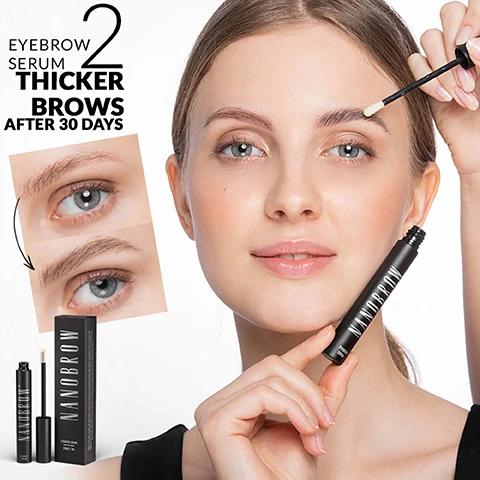 Image 1 - A woman applies Nanobrow eyebrow serum with a brush applicator next to a before and after comparison of eyebrows, with text overlay reading EYEBROW SERUM 2 THICKER BROWS AFTER 30 DAYS. Image 2 - A woman applying brow product to her eyebrow while holding a Nanobrow tube, with text Nanobrow and Enhance Your Inner Beauty! visible on the image. Image 3 - A smiling woman applies serum to her eyebrow and holds the bottle, with visible text Fullness Thickening Strengthening Enhanced Color Softness Shine Nanobrow Eyelash Serum. Image 4 - A bottle of Nanobrow Eyebrow Serum with water splash and diagrams listing benefits: Thickens and sculpts brows, Strengthens and prevents eyebrow hair loss, Intensifies color, increases resilience, and boosts shine, Enhances natural eyebrows to make them bold, with Nanobrow text at the bottom. Image 5 - Image shows a black box and tube with a mascara wand on a textured background and includes text NANOBROW EYELASH SERUM, NANOBROW, 3 ml 0.1 fl oz EYELASH SERUM, NANOBROW EYEBROW SERUM, PROFESSIONAL EYEBROW SERUM.