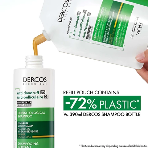 Image 1 - A hand pours liquid from a Dercos shampoo refill pouch into a Dercos shampoo bottle, with visible text including DERCOS TECHNIQUE NEW/NOUVEAU Anti dandruff DS Anti-pelliculaire DS Anti-Schuppen DS SELENIUM DS SALICYLIC ACID DERMATOLOGICAL SHAMPOO ELIMINATES UP TO 100% OF VISIBLE FLAKES* 6-WEEK ANTI-RELAPSE ACTION** DANDRUFF & ITCHY SCALP PELLICULES & DEMANGEAISONS DRY HAIR CHEVEUX SECS SHAMPOOING TRAITANT ÉLIMINE 100% DES PELLICULES VISIBLES* ACTION ANTI-RÉCIDIVE 6 SEMAINES** Sensitive scalp Cuir chevelu sensible VICHY LABORATOIRES REFILL POUCH CONTAINS -72% PLASTIC* Vs. 390ml DERCOS SHAMPOO BOTTLE *Plastic reductions vary depending on size of refillable bottle. Image 2 - A man with wavy brown hair holds his hand to his head next to text that says UP TO 100% VISIBLE FLAKES ELIMINATED ON 1ST USE *Consumer test on 262 subjects after 2 weeks of regular use. Image 3 - A close-up portrait of a woman with dark curly hair includes the text UP TO 6 WEEKS ANTI-DANDRUFF PROTECTION* and *Clinical study on 45 subjects after 4 weeks of use and 6 weeks of remanence. Image 4 - Split image with a yellow textured background on the left and a clear bubbly background on the right showing the text SELENIUM DISULFIDE SALICYLIC ACID DERCOS LEAVES DANDRUFF-PRONE SCALP FEELING CLEANSED & PURIFIED. Image 5 - Three formats of Vichy Dercos shampoo are shown AVAILABLE IN 3 FORMATS 200ML 390ML 390ML REFILL Dercos Technique Anti dandruff DS Anti-pelliculaire DS Selenium DS Salicylic Acid Dermatological Shampoo Dandruff & Itchy Scalp Pellicules & Démangeaisons Dry Hair Cheveux Secs Shampooing Traitant Sensitive scalp Cuir chevelu sensible VICHY Laboratoires 200 ml Dercos Technique Anti dandruff DS Anti-pelliculaire DS Selenium DS Salicylic Acid Dermatological Shampoo Dandruff & Itchy Scalp Pellicules & Démangeaisons Dry Hair Cheveux Secs Shampooing Traitant Sensitive scalp Cuir chevelu sensible VICHY Laboratoires 390 ml NEW/NOUVEAU Dercos Technique Anti dandruff DS Anti-pelliculaire DS Anti-Schuppen DS Selenium DS Salicylic Acid Dermatological Shampoo ELIMINATES UP TO 100% OF VISIBLE FLAKES* 6-WEEK ANTI-RELAPSE ACTION** Dandruff & Itchy Scalp Pellicules & Démangeaisons Dry Hair Cheveux Secs Shampooing Traitant ÉLIMINE 100% DES PELLICULES VISIBLES* ACTION ANTI-RÉCIDIVE 6 SEMAINES** Sensitive scalp Cuir chevelu sensible VICHY Laboratoires REFILL RECHARGE -72 % PLASTIC PLASTIQUE 390 ml = 390 ml Want to know more? SCAN ME! Envie den savoir plus? SCANNEZ MOI 390 ml
