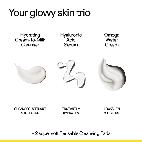 Image 1 - Three individual swatches of skincare products displayed on a white background: a smooth white cream, a clear wavy gel, and a thick white cream, with the visible text Your glowy skin trio Hydrating Cream-To-Milk Cleanser Cleanses without stripping Hyaluronic Acid Serum Instantly hydrates Omega Water Cream Locks in moisture + 2 super soft Reusable Cleansing Pads. Image 2 - A smiling woman with dark hair holds a white pump bottle of cleanser near her face; the bottle features text 8.1 US fl.oz / 240ml e HYDRATING CREAM-TO-MILK CLEANSER A daily cleanser to gently remove makeup and impurities, and below this visual, the image also displays text reading Why we love Milky Cleanser, A cleanse that hydrates for 24 hours*, Removes impurities, makeup & pollution without irritation, 12-hour skin barrier support*, and *Tested on 34 participants over 1 week. Image 3 - A close-up image shows a hand holding a white bottle with a black cap, squeezing out a clear drop of serum, with a persons face and nose piercing subtly in the background; the bottle labels read THE INKEY LIST, 2 US fl.oz./60mle, HYALURONIC ACID SERUM, Helps hydrate skin, Aide à hydrater la peau. Image 4 - A persons hands hold a white product tube with a black cap, revealing text on the tube that reads 1.7 US fl.oz / 50ml e, OMEGA WATER, Lightweight and hydrating, Léger et hydratant, and a partially visible brand name BYLIS, with the persons nose and eyes in the background.