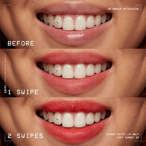 Image 1 - Image shows a three-panel comparison of lips, labeled Before, 1 Swipe, and 2 Swipes, demonstrating the effect of a lip product, with additional text No Makeup Retouching, NYX Professional Makeup, Smushy Matte Lip Balm Soft Sorbet 09. Image 2 - NYX Smushy Soft Matte Lip Balm tubes in multiple colors are displayed with balm on a fingertip and the text SMACK! SMOOCH! SMUSHY! SMUSHY-SOFT MATTE LIP BALM LIP BALM FEEL BLURRED LIP TEXTURE SHEER, BUILDABLE COLOUR. Image 3 - A dark pink NYX Smushy Matte Lip Balm tube with a rollerball applicator is shown next to pink mochi pieces and a stack of white sugar cubes on a green background with text reading Infused With Smushy Ingredients, NYX Professional Makeup Smushy Matte Lip Balm Baume Mat 0.27 fl. oz. | 8 mL, Mochi Rice Powder, and Sugar Lipid Ceramides. Image 4 - A close-up of a lip balm tubes translucent applicator tip on a pink background with large yellow text saying SMUSHY SILICONE APPLICATOR and smaller text that reads smushy MATTE LIP BA BAUME MAT 0.27 fl. oz. | 8 mL Flexible applicator tip for a super-soft glide. Image 5 - Twelve tubes of NYX Smushy Matte Lip Balm with swatches on a pink background with text KEEP ON SMUSHIN! IN 12 SMUSHY SHADES & SCENTS NYX PROFESSIONAL MAKEUP SMUSHY MATTE LIP BALM BAUME MAT 0.27 fl. oz. | 8 mL 01 SUGAR SMUSH SMELLS LIKE PINEAPPLE SMOOTHIE 02 SWIPE SESH SMELLS LIKE BERRIES & CREAM 03 SWEET SMACK SMELLS LIKE STRAWBERRY CHEESECAKE 04 SHES SERVING SMELLS LIKE RASPBERRY SORBET 05 SNUGGLE SZN SMELLS LIKE WHIPPED BUTTERCREAM 06 SOFT SMILE SMELLS LIKE SALTED CARAMEL 07 SWIPE 2 SMOOTH SMELLS LIKE FUDGE COOKIE 08 SMUDGE FUDGE SMELLS LIKE DOUBLE MINT CHIP 09 SOFT SORBET SMELLS LIKE PASSIONFRUIT SORBET 10 SASSY STUFF SMELLS LIKE WATERMELON LEMONADE 11 SQUEEZE N SIZZLE SMELLS LIKE CHERRY PIE 12 SILLY SIPPIN SMELLS LIKE BERRY MUFFIN. Image 6 - A hand holds a pink NYX Smushy Matte Lip Balm tube against a green background with measurements shown, along with text that reads PLAY, NO MAKEUP RETOUCHING, NYX PROFESSIONAL MAKEUP, Depth 23.6 mm 0.92 in, Width 29.5 mm 1.16 in, Height 89.5 mm 3.52 in, Volume 0.27 fl oz 8 ml, SMUSHY MATTE LIP BALM BAUME MAT 0.27 fl. oz. | 8 mL, WITH ♥ FROM LOS ANGELES, SMUSHY MATTE LIP BALM.