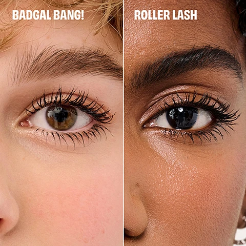 Image 2 - A split image displays two close-up eyes with mascara; the left eye shows voluminous lashes and the text BADGAL BANG!, while the right eye shows curled and lengthened lashes with the text ROLLER LASH. Image 3 - Two black mascara wands, one with a curved brush and one with a spiky brush, are displayed with multiple black mascara swatches on a white background, featuring the text ROLLER LASH and BADGAL BANG! Image 4 - A black Benefit Badgal Bang! mascara tube with its lid off and the mascara wand next to it, both set against a pink starburst background, accompanied by visible text that reads: 360 REACH The custom Slimpact! brush reaches root-to-tip and corner-to-corner; LIGHTWEIGHT AERO-PARTICLES Derived from space technology (no, seriously), this wont weigh down lashes; BUILDABLE VOLUME Each coat goes on smoothly, so you can layer away for bigger, BADDER impact; and on the tube itself, benefit BAD gal BANG!. Image 5 - A close-up of a persons face with light brown curly hair, dark eyes with long black lashes, full eyebrows, pink blush, and pinkish-red lipstick, with the text Model is wearing BADgalBang! in the bottom left. Image 6 - A close-up of an eye with long, curled lashes and a mascara wand positioned above, with the visible text Roller Lash Mascara Hook N Roll Brush, and Hooks, separates & extends for super curled lashes. Image 7 - A close-up of a smiling woman with dark curly hair and long eyelashes looking slightly upwards, showing her teeth and a gold hoop earring, with a hand gently touching her hair on the right, and text reads Model is wearing Roller Lash. Image 8 - A pink Benefit Cosmetics gift set box, decorated with teal game cards and pink dice, features two mini mascaras and text that reads whats that lash?, mini mascara duo, duo de mini-mascaras, and benefit; standing next to the box are two travel size Benefit mascaras, a black BADgal BANG! with its brush extended and a pink Roller Lash, each with a TRAVEL SIZE label.