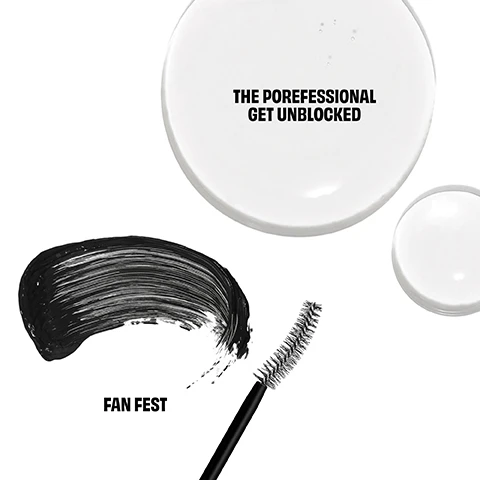Image 2 - The image shows two clear liquid drops, a black mascara smear, and a mascara wand, with text that reads THE POREFESSIONAL GET UNBLOCKED and FAN FEST. Image 3 - A split image of a womans face shows her eye area, with the left side displaying natural lashes and the right side showing longer, fuller lashes with mascara, with text that reads BEFORE FAN-TASTIC and Model is wearing Fan Fest. Image 4 - A split image compares a womans face, with the left side showing her wearing eye makeup, blush, and lipstick, labeled BEFORE, and the right side showing her natural, clear skin with freckles and no visible makeup, labeled ALL CLEAR!, with additional text at the bottom right reading The POREfessional Get Unblocked. Image 5 - A close-up shows a person applying black mascara to their upper eyelashes, with red lipstick and a pink background, next to text that reads Fan Fest Mascara, Fan Out lashes side-to-side, Amplify volume, Multiply the look of lashes. Image 6 - A close-up of a person with freckled skin, dark brown eyes with long lashes, and pink lipstick, with a black mascara tube partially visible in the upper right, displaying the text MODEL WEARS FAN FEST MASCARA SHADE | BLACK and benefit. Image 7 - A purple bottle with silver polka dots and a white pump, labeled The POREfessional Get Unblocked pore-clearing makeup-removing cleansing oil, is shown against a teal background with text stating 93% said it visibly melts away dirt, oil & makeup instantly* and 93% said pores look clear over time**, followed by *self-evaluation by 107 participants after 1 use and **self-evaluation by 107 participants after 1 month. Image 8 - A Benefit Cosmetics Lash, Cleanse, Go mini mascara and cleansing oil set is displayed, featuring a purple box with game-themed graphics of dice, playing cards, and an hourglass, alongside two travel-sized products: a black Benefit Fan Fest mascara and a purple The POREfessional Get Unblocked pore-clearing makeup-removing cleansing oil.