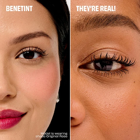 Image 2 - A split image displays two women; the left half shows a womans face with pink blush on her cheek and berry-red lips, and the right half is a close-up of another womans eye with prominent dark eyelashes, with visible text reading BENETINT, THEYRE REAL!, Model is wearing shade Original Rose. Image 3 - A large red circular liquid stain with the text BENETINT, a black mascara wand, a black mascara swatch, and three small red liquid drops are displayed on a white background, with the text THEYRE REAL! appearing near the mascara. Image 4 - A close-up shows a mascara brush applying product to a persons upper eyelashes, which appear lengthened and defined, with text that reads CUSTOM DOMED-TIP BRUSH Lengthens, lifts & defines lashes. Image 5 - A close-up of a persons face showing long eyelashes with mascara, groomed eyebrows, and pinkish-nude lips, with the text MODEL WEARS THEYRE REAL MASCARA SHADE | BLACK. Image 6 - A model with rosy cheeks applies red lip tint to her lower lip with an applicator and holds a small bottle of the product, with text reading Benetint, Natural-looking flush, Longwearing, smudge-proof & transfer-proof, Sheer, buildable & lightweight, Model is wearing Benetint Original, and benetint benefit on the bottle. Image 7 - A woman demonstrates applying a red tint in a split image, first dotting it onto her cheek with an applicator as instructed by the text DOT ONTO CHEEKS & BLEND QUICKLY, then smiling while applying it to her lips from a bene tint benefit bottle with the text GLIDE ONTO LIPS & LAYER TO BUILD INTENSITY. Image 8 - A close-up of a smiling woman wearing berry-colored lipstick and pink blush, with text that reads Model wears Benetint Shade | Original. Image 9 - A Benefit Cosmetics gift set is shown, consisting of a red box with a pink walkie-talkie design, next to a full-size lavender mascara tube and a full-size red liquid lip and cheek tint bottle with its applicator, displaying visible text that reads TALK BEAUTY TO ME, benefit, bene tint, theyre Real!, MASCARA, full-size tint & mascara duo, duo blush liquide et mascara format standard, FULL SIZE.