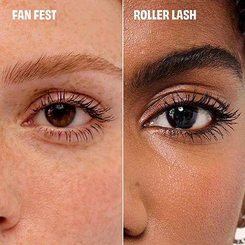 Image 10 - A pink chess queen shaped container with a heart on top reading bf and a checkerboard pattern on its body is labeled Queens Glam bit, full-size mascara duo, duo de mascaras format standard, benefit; a pink starburst reads KEEPSAKE TIN!; a purple box has the text + FREE SAMPLE! • + ÉCHANTILLON GRATUIT!; and a pink box at the bottom shows CONNECT, all set against a dark green background. Image 2 - Two close-up images show two different peoples eyes with mascara applied, with the left image featuring light skin and brown eyes captioned FAN FEST, and the right image featuring dark skin and dark brown eyes captioned ROLLER LASH. Image 3 - Two mascara wands are displayed with black mascara swatches on a white background, one with a curved brush and swatch labeled ROLLER LASH, and another with a straight, bristly brush and swatch labeled FAN FEST. Image 4 - A close-up of a persons eye with long, curled, mascara-coated lashes, a mascara wand positioned above the upper eyelid with a white arrow pointing to it, and text that reads ROLLER LASH MASCARA HOOK N ROLL BRUSH Hooks, separates & extends for super curled lashes. Image 5 - Close-up of a smiling woman with long curled eyelashes and dark curly hair, looking upwards, with visible text saying Model is wearing Roller Lash. Image 6 - A close-up of a woman applying black mascara to her upper eyelashes, revealing long dark lashes and red lipstick, against a light pink background, with text that reads FAN FEST MASCARA, FAN OUT LASHES SIDE-TO-SIDE, AMPLIFY VOLUME, MULTIPLY THE LOOK OF LASHES. Image 7 - A close-up of a woman with freckles wearing black mascara and pink lipstick, with a black mascara tube with pink text visible diagonally in the top right corner; the text on the image reads MODEL WEARS FAN FEST MASCARA SHADE | BLACK. Image 8 - A pink chess queen shaped Benefit Cosmetics mascara set container, featuring a red knight, a bf heart logo, and the text Queens Glam-bit full-size mascara duo duo de mascaras format standard benefit, is presented alongside two standing mascaras, both with FULL SIZE labels, one Benefit Roller Lash and the other Benefit FAN FEST.