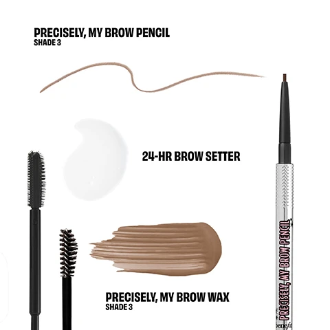 Image 4 - A flat lay displays Benefit brow products: a silver and black Precisely, My Brow Pencil with a brown tip and a thin brown swatch, a black mascara wand and spoolie with a clear 24-HR Brow Setter gel swatch, and a thick brown Precisely, My Brow Wax swatch; visible text reads PRECISELY, MY BROW PENCIL SHADE 3, 24-HR BROW SETTER, PRECISELY, MY BROW WAX SHADE 3, and PRECISELY, MY BROW PENCIL benefit. Image 5 - A black brow setter wand is shown on a pink background with text that reads 24-HOUR BROW SETTER, Dual-sided wand lifts & locks brows in place, 24-hour* staying power, Quick dry & mess-free, *instrumental test on 21 participants. Image 6 - A close-up of a person with well-groomed brown eyebrows, blue-grey eyes, and curly brown hair, smiling subtly, with text Model Wears Precisely, My Brow Pencil + Wax Shade | 3 in the upper left corner. Image 7 - A close-up of a woman with light makeup having a brow setter applied to her left eyebrow by a hand, with text Model is wearing 24 HR Brow Setter. Image 8 - A white background displays three Benefit Cosmetics brow products: a Precisely, My Brow Pencil labeled Full-Size, a Precisely, My Brow Wax also labeled Full-Size, and a 24-HR Brow Setter labeled Travel Size.