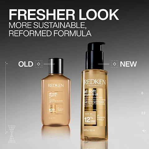 Image 1 - A comparison shows the old Redken All Soft Argan-6 Oil bottle next to the new bottle which has a pump dispenser, with text FRESHER LOOK MORE SUSTAINABLE REFORMED FORMULA OLD NEW Redken 5th Avenue NYC all soft argan-6 oil 12% moisture complex pH BALANCED FORMULA. Image 2 - A woman touches her long, wet hair with text overlay stating MULTI-BENEFIT OIL NOURISHES, CONDITIONS & SOFTENS. Image 3 - A split image shows curly hair before and after treatment, with the left side appearing frizzy and the right side showing smooth, defined curls, labeled BEFORE AFTER* * All Soft Shampoo, Conditioner & Argan-6 Oil. Image 4 - A bottle of Redken All Soft Argan-6 Oil with oil dripping from the pump and text reading REDKEN 5TH AVENUE NYC all soft argan-6 oil moisture, softness, shine hydratation, douceur, brillance regimen for/gamme pour: dry, brittle hair/cheveux secs et cassants ARGAN OIL 12% moisture complex SALON EXPERT CONCENTRATION 3.4 fl oz 100 ml ARGAN OIL 13X MORE MOISTURE. Image 5 - A hand dispenses hair oil from a bottle into another hand, with text that says DISPENSE ONE PUMP APPLY ON MID-LENGTHS & ENDS OF DAMP OR DRY HAIR. Image 6 - A stylist combs the dark hair of a person wearing a white shirt with text overlay reading REDKEN LABS 400 PRO TIP FOR EVEN APPLICATION Rub between fingers like hand lotion before combing through hair. Image 7 - Three Redken All Soft hair products are presented as a MOISTURE ROUTINE, labeled 1 SHAMPOO, 2 CONDITIONER, and 3 OIL, with visible text on the bottles including all soft shampoo 2, all soft conditioner 5, all soft argan-6 oil 12, and REDKEN LABS 400.
