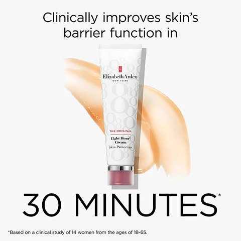 Image 3 - A white tube of Elizabeth Arden Eight Hour Cream with a red base is placed on a swirl of light orange cream against a white background, with text that reads Clinically improves skins barrier function in 30 MINUTES* *Based on a clinical study of 14 women from the ages of 18-65, and the tube itself displays Elizabeth Arden NEW YORK THE ORIGINAL Eight Hour® Cream Skin Protectant. Image 4 - A white tube of Elizabeth Arden Eight Hour Cream with a red cap rests on swatches of cream, alongside text that reads Moisturizes All Day, 98% saw improved signs of dryness & cracking*, Elizabeth Arden NEW YORK, Eight Hour® Cream Intensive Moisturizing Hand Treatment, Soin Hydratant Intense pour les Mains, and *Based on a 2-week consumer study of 52 participants. Image 5 - An open tube of light peach lipstick with its cap beside it, surrounded by several product swatches on a white background, accompanied by the text Shields & Softens, 100% agree lips instantly feel smoother*, Elizabeth Arden, and *Based on a consumer study of 42 participants. Image 6 - A white tube of Elizabeth Arden Eight Hour Cream is shown next to a list of its benefits, which include All-over moisture, Shines lips & cheeks, Soothes dry hands, Protects cuts & scrapes, Tames hair & eyebrows, Supports skin barrier, Relieves chapping, and Smooths cuticles, with the product label reading Elizabeth Arden NEW YORK, THE ORIGINAL Eight Hour Cream Skin Protectant. Image 7 - The image displays Hand Treatment Benefits listed as All-day hydration, Softens, Smooths, Supports barrier, Soothes, Improves dryness, Fast-absorbing, and Non-greasy, next to a white tube of Elizabeth Arden New York Eight Hour Cream Intensive Moisturizing Hand Treatment Soin Hydratant Intense pour les Mains. Image 8 - An image displays a peachy-colored Elizabeth Arden lip protectant stick with a white casing featuring a repeated 0808 pattern, next to a list of its benefits: Lip Protectant Benefits, Hydrates all day, Protects with SPF 15, Fights free radicals, Relieves chapping, Shines, Softens, Smooths, Primes.