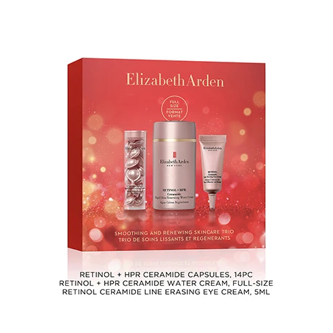 Image 1 - A red Elizabeth Arden gift box with a sparkling red background displays three skincare products: a clear capsule bottle, a pink cream jar, and a pink eye cream tube, with visible text on and below the box reading Elizabeth Arden, FULL SIZE, FORMAT VENTE, SMOOTHING AND RENEWING SKINCARE TRIO, TRIO DE SOINS LISSANTS ET REGENERANTS, Elizabeth Arden NEW YORK, RETINOL + HPR Ceramide Rapid Skin Renewing Water Cream, Aqua Crème Régénérant, Elizabeth Arden NEW YORK, RETINOL Line Erasing Eye Cream, RETINOL + HPR CERAMIDE CAPSULES, 14PC, RETINOL + HPR CERAMIDE WATER CREAM, FULL-SIZE, RETINOL CERAMIDE LINE ERASING EYE CREAM, 5ML. Image 2 - A clear tube with a rose-gold cap filled with rose-gold capsules is displayed next to text that reads: Smoothes Lines & Wrinkles, 95% saw reduced wrinkles*, Elizabeth Arden NEW YORK, RETINOL + HPR, Ceramide Capsules, Rapid Skin Renewing Serum, Sérum Régénération Rapide, Accélérée, *Based on a consumer study of 57 participants after 2 weeks. Image 3 - Five rose gold, teardrop-shaped capsules are scattered on a white background, next to text that reads PURE. POTENT. PRECISE. Sealed for freshness & potency. Biodegradable capsules. Image 4 - A rose gold Elizabeth Arden cream bottle with product swatched next to it, displayed alongside text that reads Evens Tone & Texture, 100% saw improved texture and radiance*, Elizabeth Arden NEW YORK, RETINOL + HPR Ceramide Rapid Skin Renewing Water Cream Aqua-Crème Régénérante, and *Based on a consumer study of 74 participants after 4 weeks. Image 5 - An Elizabeth Arden Retinol Ceramide Line Erasing Eye Cream tube, light pink with a pointed applicator, is depicted alongside text stating Brightens & De-puffs and 98% saw an overall improvement in eye area*, based on a 4-week consumer study of 54 women, ages 25-55. Image 6 - The image displays three Elizabeth Arden skincare products arranged horizontally, illustrating a night regimen, with text that reads: Retinol Night ☾ Regimen, 1 Elizabeth Arden New York Retinol Hyaluronic Acid Ceramide Line-Erasing Eye Serum Brightens & de-puffs, 2 Elizabeth Arden New York Retinol Ceramide Line Erasing Night Serum Smooths lines & wrinkles, 3 Elizabeth Arden New York Retinol + HPR Ceramide Rapid Skin Renewing Water Cream Evens tone & texture.