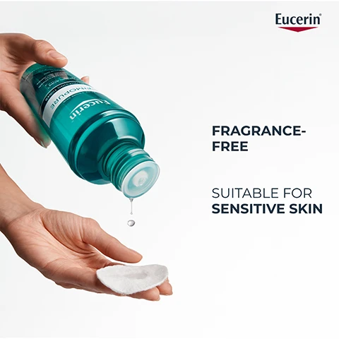 Image 1 - A hand holds a teal Eucerin DermoPURIFYER bottle, dripping liquid onto a cotton pad held by another hand, with the visible text Eucerin, FRAGRANCE-FREE, and SUITABLE FOR SENSITIVE SKIN. Image 2 - A woman with reddish hair looks towards the viewer while holding a green and white product bottle against a white background, and the image displays visible text Eucerin, -75% IMMEDIATE SHINE¹, -66% VISIBILITY OF PORES¹, +50% IMMEDIATE HYDRATION¹, Eucerin DermoPURE PURIFYING TONER, and ¹ Clinical study, 35 subjects, self grading after product application, percentage improvement to baseline. Image 3 - Three bottles of Eucerin DermoPure Purifying Toner are shown, featuring text Eucerin, Blemish-Prone Skin, Dermopure Clinical, Purifying Toner, Dermo-Acids AHA + PHA, Reduces blackheads, Unclogs pores, Refines skin texture, Suitable for Sensitive Skin, Dermatological Skincare, and promotional text 100% SAW CLEAR & REFINES SKIN1, along with a note 1 Clinical study, 35 subjects, self-assessment after first product application. Image 4 - A smiling woman with short curly hair and a black one-shoulder top, set against a white background, with the text Eucerin Liquid Peeling Toner TO REDUCE BLACKHEADS & REFINE SKIN TEXTURE. Image 5 - The image displays two bottles of Eucerin Dermopure Purifying Toner, illustrating a New Look Same Formula, with an old blurred bottle on the left labeled OLD and a clear new bottle on the right labeled NEW; the Eucerin logo is at the top right, and the new bottle shows text including Blemish-Prone Skin, Dermopure Clinical Purifying Toner, Dermo-Acids AHA + PHA, Reduces blackheads Unclogs pores Refines skin texture, Suitable for sensitive skin, and Dermatological Skincare. Image 6 - A hand in a white lab coat holds a teal bottle of Eucerin DermoPure Purifying Toner, and the image displays the text Eucerin RECOMMENDED BY DERMATOLOGISTS FOR OILY TO BLEMISH-PRONE SKIN, along with the bottles label showing Eucerin BLEMISH-PRONE SKIN DERMOPURE PURIFYING TONER DERMO-ACIDS COMPLEX Reduces Blemishes Unclogs pores Refines skin texture DERMATOLOGICAL SKINCARE. Image 7 - A clear, viscous liquid with bubbles pools on a white surface, with text reading Eucerin With skin-renewing DERMO-ACIDS AHA + PHA Hydroxy acids, which enhance the skins appearance through gentle exfoliation. Image 8 - The image shows two liquid textures with accompanying text: on the left is a teal wavy liquid with the text Salicylic Acid To exfoliate and unclog blocked pores, and on the right is a clear liquid with the text Dermo-Acids AHA + PHA To significantly enhance the skins appearance, with the Eucerin logo in the top right. Image 9 - The image shows a three-step Eucerin DermoPure skincare routine featuring a Purifying Cleanser, Purifying Toner, and Triple Action treatment, labeled 1, 2, and 3 respectively, with visible text including Eucerin, DERMOPURE CLINICAL, Salicylic Acid, Dermo Acid, AHA & BHA, and indications for day and night use for all products.