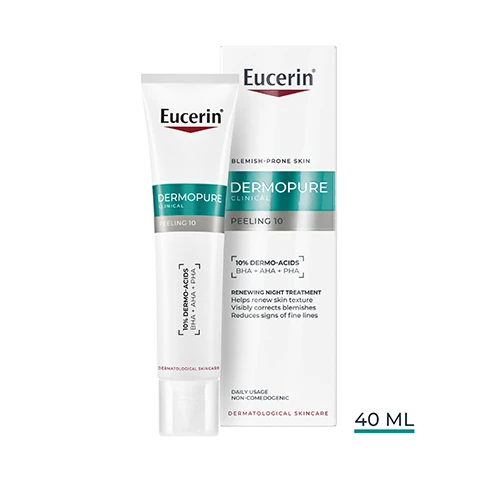 Image 1 - A white Eucerin DermoPure Clinical Peeling 10 tube is shown standing next to its retail box, both featuring Eucerin, DERMOPURE CLINICAL, PEELING 10, and 10% DERMO-ACIDS BHA + AHA + PHA, with the tube also displaying DERMATOLOGICAL SKINCARE and the box adding BLEMISH-PRONE SKIN, RENEWING NIGHT TREATMENT, Helps renew skin texture, Visibly corrects blemishes, Reduces signs of fine lines, DAILY USAGE, NON-COMEDOGENIC, DERMATOLOGICAL SKINCARE, and 40 ML. Image 10 - An image shows three Eucerin skincare products, a green pump bottle, a white tube, and an orange and white bottle, displayed next to the numbers 1, 2, and 3 representing steps in a routine, with visible text Eucerin, 1, Eucerin DERMOPURE CLINICAL PURIFYING CLEANSER, GLYCOLIC ACID 6%, GENTLE, SUITABLE FOR SENSITIVE ACNE-PRONE SKIN, DERMATOLOGICAL SKINCARE, Purifying Cleanser, 2, Eucerin DERMOPURE CLINICAL PEELING 10, 10% DERMO ACIDS, DERMATOLOGICAL SKINCARE, Peeling 10, 3, Eucerin 50+ OIL CONTROL, DRY TOUCH SUN GEL-CREAM, ULTRA LIGHT, DERMATOLOGICAL SUN CARE, Oil Control SPF 50+. Image 2 - A hand squeezes a white tube of Eucerin DermoPure Clinical Peeling Serum, dispensing a small amount of product onto the palm, next to text that reads NON-COMEDOGENIC, FRAGRANCE-FREE, SUITABLE ON SENSITIVE SKIN, with the Eucerin logo in the top right corner. Image 3 - A person with short hair and blemishes on their face holds a white and teal tube of Eucerin DermoPure serum, with text that reads Eucerin, 100% AGREE RESURFACE SKIN TEXTURE¹, and a footnote ¹ Product-in-use, 120 subjects, after 1 week. Image 4 - A person applies Eucerin DermoPure cream to their cheek, with three drops visible, next to text that reads Eucerin, Renewing Night Treatment, 10% DERMO-ACID TO RENOVATE SKIN OVER NIGHT. Image 5 - A before-and-after comparison of a persons skin, showing significant acne and redness in the before panel and much clearer skin with reduced blemishes in the after panel, with visible text Eucerin Clinically Proven Week 0 Week 8 97% AGREE SUPPORTS SKIN RENEWAL¹ ¹ Product-in-use, 120 subjects, after 1 week. Image 6 - A side-by-side comparison image shows a blurred old Eucerin product tube on the left and a clear new Eucerin product tube on the right, with the text NEW LOOK IMPROVED FORMULA and Eucerin logo visible; the new tube has text Eucerin DERMOPURE CLINICAL PEELING 10 10% DERMO-ACIDS BHA AHA PHA DERMATOLOGICAL SKINCARE. Image 7 - A person in a white lab coat holds a Eucerin DermoPure Triple Effect Serum tube, with text that reads Eucerin, Recommended by Dermatologists for oily to blemish-prone skin, DermoPure, Triple Effect Serum, Peeling 10, 10% Dermo-Acids AHA/BHA/PHA, and Clinically & Dermatologically tested for efficacy & skin tolerability. Image 8 - The image features a teal liquid surface with ripples, and text below that reads Eucerin, With correcting SALICYLIC ACID, Dissolves & removes dead skin, Opens up and prevents clogged pores. Image 9 - The image displays two contrasting liquid textures, with a vibrant teal, rippled gel on the left and a clear, viscous liquid on the right, alongside text that reads Eucerin, Salicylic Acid, To exfoliate and unclog blocked pores, Dermo-Acids AHA + PHA, and To significantly enhance the skins appearance.