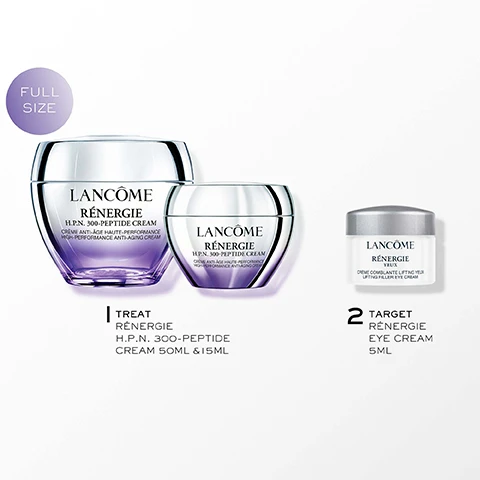 Image 2 - The image shows a set of Lancôme Renergie skincare products including two jars of H.P.N. 300-Peptide Cream and one jar of Renergie Yeux Lifting Filler Eye Cream, with visible text reading FULL SIZE, LANCÔME RÉNERGIE H.P.N. 300-PEPTIDE CREAM CRÈME ANTI-ÂGE HAUTE-PERFORMANCE HIGH-PERFORMANCE ANTI-AGING CREAM, LANCÔME RÉNERGIE YEUX CRÈME COMBLANTE LIFTING YEUX LIFTING FILLER EYE CREAM, TREAT RÉNERGIE H.P.N. 300-PEPTIDE CREAM 50ML & 15ML, and 2 TARGET RÉNERGIE EYE CREAM 5ML. Image 3 - A three-panel image featuring large white letters H, P, and N. The left panel shows a large H above HYALURONIC ACID on a light background. The middle panel shows a large P above 300 PEPTIDES on a dark blue background with reflective bubbles. The right panel shows a large N above NIACINAMIDE on a light background. Image 4 - The image displays three Lancôme Renergie skincare products—two larger cream jars and one smaller eye cream jar, each with a cosmetic swirl, on a white background—with the visible text: OUR RÉNERGIE ROUTINE. 1. TREAT. SKIN REGENERATES FASTER, EVEN AS YOU AGE WITH PROVEN RESULTS ON RADIANCE AND TONE EVENNESS. LANCOME RÉNERGIE H.P.N. 300-PEPTIDE CREAM CRÈME ANTI-ÂGE HAUTE-PERFORMANCE HIGH-PERFORMANCE ANTI-AGING CREAM. RÉNERGIE H.P.N. 300-PEPTIDE CREAM 50ML. LANCOME RÉNERGIE H.P.N. 300-PEPTIDE CREAM CRÈME ANTI-ÂGE HAUTE-PERFORMANCE HIGH-PERFORMANCE ANTI-AGING CREAM. RÉNERGIE H.P.N. 300-PEPTIDE CREAM 15ML. 2. TARGET. REFRESHES, CORRECTS, FIRMS, BRIGHTENS EYES. LANCOME RÉNERGIE YEUX CRÈME COMBLANTE LIFTING YEUX LIFTING FILLER EYE CREAM. RÉNERGIE EYE CREAM 5ML.