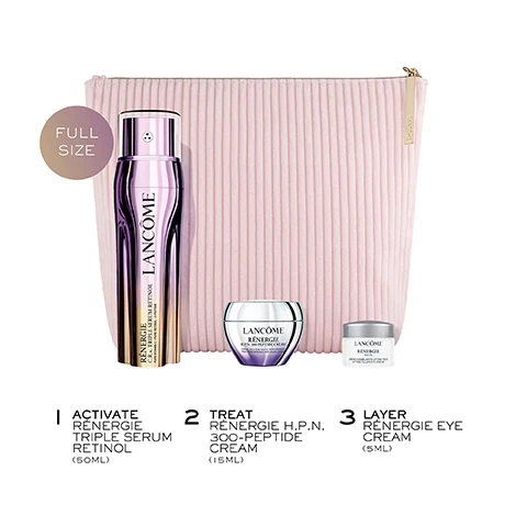 Image 2 - A pink ribbed cosmetic bag is displayed with a large purple and gold bottle, a medium white and purple jar, and a small white and silver jar, with a circular label reading Full Size, the bags zipper pull reading Lancome Paris, and text below the products outlining a three-step routine: 1 Activate Rénergie Triple Serum Retinol (50ML), 2 Treat Rénergie H.P.N. 300-Peptide Cream (15ML), 3 Layer Rénergie Eye Cream (5ML). Image 3 - A sleek, multi-chambered gold and silver Lancôme serum bottle with visible product spheres inside, lies diagonally on a gradient purple background, with text reading Lancôme, RÉNERGIE C.R.X. TRIPLE SERUM RETINOL PURE VITAMIN C - PURE RETINOL - X-PEPTIDE, 100% RENEWED SKIN, 2X FASTER THAN RETINOL ALONE*, and a disclaimer stating *AVERAGE RESULTS BASED ON SPEED OF SKIN SURFACE CELL RENEWAL VS USING RETINOL ALONE, 22-DAY INSTRUMENTAL TEST, FOREARM. Image 4 - A womans face is shown in a before and after comparison, demonstrating reduced redness and dark spots, with Lancôme Rénergie H.C.F. Triple Serum Retinol and Lancôme Rénergie SPF 50 H.P.N. UV MUNE CREAM displayed below, alongside text that reads BEFORE, AFTER*, CLINICALLY PROVEN ON UK WOMEN*, Boots, and *CLINICAL STUDY OF 50 WOMEN IN THE UK, USING SPF & SERUM, 56 DAYS. Image 6 - A winter scene with a pink sky and snowy mountains in the background, featuring an array of Lancôme Rénergie skincare products on a reflective surface, including two tall purple serums, two white cream jars, and one small eye cream jar, alongside pink gift boxes decorated with clocks and Parisian landmarks, with the text SHOP THE COLLECTION, RÉNERGIE H.C.F. TRIPLE SERUM, LANCOME RÉNERGIE H.C.F. TRIPLE SERUM HYALURONIC ACID - C+NIACINAMIDE - FERULIC ACID, RÉNERGIE H.P.N. 300-PEPTIDE CREAM, LANCOME RÉNERGIE H.P.N. 300-PEPTIDE CREAM CRÈME ANTI-ÂGE HAUTE-PERFORMANCE HIGH-PERFORMANCE ANTI-AGING CREAM, NEW RÉNERGIE C.R.X. TRIPLE SERUM RETINOL, LANCOME RÉNERGIE C.R.X. TRIPLE SERUM RETINOL PURE VITAMIN C - PURE RETINOL - X-PEPTIDE, RÉNERGIE EYE CREAM, LANCOME RÉNERGIE YEUX, LANCOME PARIS, and Gift the extraordinary. Image 7 - The image visually shows a three-step Lancôme Rénergie skincare routine featuring a purple serum bottle, a white and purple peptide cream jar, and a small white eye cream jar, and displays the text OUR RÉNERGIE ROUTINE 1. ACTIVATE REDUCES WRINKLES, BRIGHTENS DARK SPOTS, SMOOTHS SKIN Lancôme Rénergie C.R.X. Triple Serum Retinol Pure Vitamin C - Pure Retinol - X-Peptide RÉNERGIE C.R.X.TRIPLE SERUM RETINOL 50ML 2. TREAT FASTER SKIN REGENERATION, IMPROVED RADIANCE AND TONE Lancôme Rénergie H.P.N. 300-Peptide Cream Crème Anti-Âge Haute-Performance High-Performance Anti-Aging Cream RÉNERGIE H.P.N. 300-PEPTIDE CREAM 15ML 3. LAYER REFRESHES, CORRECTS, FIRMS, BRIGHTENS EYES Lancôme Rénergie Yeux Crème Comblante Lifting Yeux Lifting Filler Eye Cream RÉNERGIE EYE CREAM 5ML.