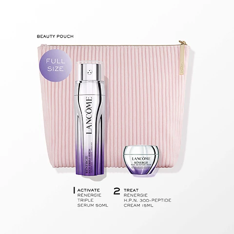 Image 2 - The image shows a light pink ribbed beauty pouch, a tall silver and purple serum bottle, and a smaller silver and purple cream jar, with visible text reading Beauty Pouch, Full Size, Lancôme on the zipper pull, Lancôme Rénergie H.C.F. Triple Serum Hyaluronic Acid - C+Niacinamide - Ferulic Acid on the serum bottle, Lancôme Rénergie H.P.N. 300-Peptide Cream Crème Anti-Âge Haute-Performance High Performance Anti-Aging Cream on the cream jar, 1 Activate Rénergie Triple Serum 50ml, and 2 Treat Rénergie H.P.N. 300-Peptide Cream 15ml. Image 3 - A split image displays a before and after comparison of a persons forehead, with the top half showing visible wrinkles labeled BEFORE and the bottom half showing smoother skin labeled AFTER, next to a silver and purple bottle of Lancôme Rénergie H.C.F. Triple Serum, with additional text reading 91% AGREE OVERALL SKIN APPEARANCE LOOKS IMPROVED * BASED ON SELF-ASSESSMENT RESULTS IN AN 8-WEEK CONSUMER STUDY WITH 58 WOMEN. Image 4 - A close-up of a clear, light purple gel with bubbles and swirls, displaying text that reads Vitamin C + Niacinamide to visibly reduce dark spots, Ferulic Acid antioxidant known for skin-protecting properties, and Hyaluronic Acid to plump & smooth. Image 5 - A woman with smooth skin is shown in a close-up, applying a clear serum to her right cheek, with text that reads 95% AGREE SKIN LOOKS RE-PLUMPED* * BASED ON SELF-ASSESSMENT RESULTS IN AN 8-WEEK CONSUMER STUDY WITH 58 WOMEN. Image 6 - The image displays a Lancôme Rénergie skincare routine with two steps: a silver and purple serum bottle with a clear product blob for step 1, and a silver and purple cream jar with a white product blob for step 2. The text reads: OUR RÉNERGIE ROUTINE. 1. ACTIVATE. CORRECTS WRINKLES, BRIGHTENS DARK SPOTS, SMOOTHS SKIN. Lancôme Rénergie H.C.F. Triple Serum, Hyaluronic Acid + C + Niacinamide + Ferulic Acid. RÉNERGIE H.C.F. TRIPLE SERUM 50ML. 2. TREAT. FASTER SKIN REGENERATION, IMPROVED RADIANCE AND TONE. Lancôme Rénergie H.P.N. 300-Peptide Cream, Crème Anti-Âge Haute-Performance Anti-Aging Cream. RÉNERGIE H.P.N. 300-PEPTIDE CREAM 15ML. Image 7 - An arrangement of five Lancôme Renergie skincare products, including three tall serum bottles and two cream jars, is displayed on a surface in front of a decorative pink box and snowy mountains under a pastel sky, featuring visible text SHOP THE COLLECTION, RÉNERGIE H.C.F. TRIPLE SERUM, LANCOME RÉNERGIE H.C.F. TRIPLE SERUM HYALURONIC ACID - C+NIACINAMIDE - FERULIC ACID, RÉNERGIE H.P.N. 300-PEPTIDE CREAM, LANCOME RÉNERGIE H.P.N. 300-PEPTIDE CREAM CRÈME ANTI-ÂGE HAUTE-PERFORMANCE HIGH-PERFORMANCE ANTI-AGING CREAM, NEW RÉNERGIE C.R.X. TRIPLE SERUM RETINOL, LANCOME RÉNERGIE C.R.X. TRIPLE SERUM RETINOL PURE VITAMIN C - PURE RETINOL - X-PEPTIDE, RÉNERGIE EYE CREAM, LANCOME RÉNERGIE YEUX, and LANCOME PARIS Gift the extraordinary.