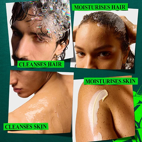 Image 1 - A four-panel collage shows a person with shampoo bubbles in their hair with the text CLEANSES HAIR, a person with wet hair and product in it with the text MOISTURISES HAIR, a persons shoulder with water dripping down it with the text CLEANSES SKIN, and a persons shoulder with a stripe of cream applied with the text MOISTURISES SKIN. Image 2 - The image displays four cosmetic product textures: a white creamy swirl pointing to Gentle Cleansing shampoo, a clear liquid with bubbles pointing to Gentle Daily conditioner, another clear liquid with bubbles pointing to Refreshing Foaming body wash, and a light yellow creamy swirl pointing to Moisturising body lotion, with a large green K logo partially visible in the bottom left. Image 3 - Four Kiehls travel-sized products—Creme de Corps, Amino Acid Conditioner, Amino Acid Shampoo, and a Grapefruit scented product—are arranged on a white folded paper with a K logo, on a green background, next to text reading Our Products With: COCOA BUTTER Helps hydrate and soften skin, AMINO ACID Helps retain moisture, ALOE VERA Gently cleanses skin leaving skin feeling moisturised, and at the bottom Kiehls Since 1851. Image 4 - Four Kiehls product bottles and a tube are displayed in a line against a dark green background with a neon green splash, illustrating a recommended order of use: RECOMMENDED ORDER OF USE, STEP 1 Cleanses & Smoothes Hair with Kiehls Amino Acid Shampoo 2.5 fl. oz. - 75 ml, STEP 2 Boosts shine and moisturises hair with Kiehls Amino Acid Conditioner 2.5 fl. oz. - 75 ml, STEP 3 Cleanses and refreshes body with Kiehls Bath and Shower Liquid Body Cleanser Grapefruit 2.2 fl. oz. - 65 ml, and STEP 4 Improves skin radiance and hydration with Kiehls Creme de Corps 2.5 fl. oz. - 75 ml.