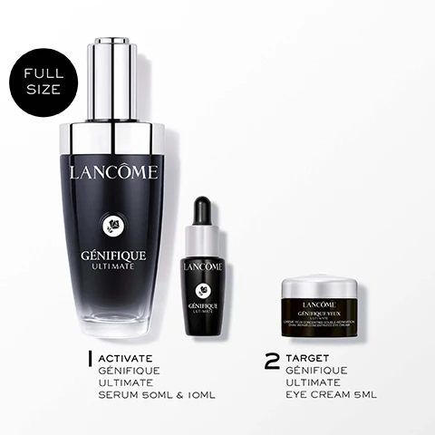 Image 2 - Three Lancôme Génifique Ultimate skincare products are shown, including a full-size serum bottle, a smaller serum bottle, and an eye cream jar, with visible text reading FULL SIZE, LANCOME GÉNIFIQUE ULTIMATE, LANCOME GÉNIFIQUE YEUX ULTIMATE CRÈME YEUX CONCENTRÉE DOUBLE-RÉPARATION DUAL-REPAIR CONCENTRATED EYE CREAM, 1 ACTIVATE GÉNIFIQUE ULTIMATE SERUM 50ML & 10ML, and 2 TARGET GÉNIFIQUE ULTIMATE EYE CREAM 5ML. Image 3 - A woman with clear skin looks to the right as a hand applies serum drops to her cheek, next to text that reads 93% SAY SKIN LOOKS SMOOTHER* 90% SAY SKIN QUALITY LOOKS IMPROVED* 82% SAY SKIN LOOKS MORE GLOWING & LUMINOUS* *SELF ASSESSMENT, 81 WOMEN, 4 WEEKS. Image 4 - A close-up of a young woman with dark skin applying a clear, glossy product to her cheek, with text reading INSTANTLY SOOTHED & HYDRATED SKIN* *SELF ASSESSMENT, 81 WOMEN, IMMEDIATE USE. Image 5 - A black Lancôme Génifique Ultimate serum bottle with a silver cap is positioned against a background of snow-capped mountains and a pink and purple sunset sky, with visible text reading SUITABLE FOR ALL SKIN TYPES, INCLUDING SENSITIVE SKIN and FAST ABSORBING, LIGHTWEIGHT TEXTURE. Image 6 - A graphic depicts a skincare routine with three black and silver Lancôme Génifique products, a large serum bottle, a small serum bottle, and an eye cream jar, each with a liquid or cream swirl behind it, and includes the text: OUR ULTIMATE ROUTINE 1. ACTIVATE IMPROVES THE OVERALL SKIN APPEARANCE AND HAS AN ANTI WRINKLE EFFECT TARGETING THE APPEARANCE OF REDNESS, FINE LINES AND SMOOTHER SKIN. The large serum bottle reads LANCÔME GÉNFIFIQUE ULTIMATE, and below it, GÉNFIFIQUE ULTIMATE SERUM 50ML. 2. TARGET REDUCES DARK CIRCLES, PUFFINESS, LINES, DULLNESS. The small serum bottle reads LANCÔME GÉNFIFIQUE ULTIMATE, and below it, GÉNFIFIQUE ULTIMATE SERUM 10ML. The eye cream jar reads LANCÔME GÉNFIFIQUE YEUX ULTIMATE CRÈME YEUX DOUBLE-RESTAURATION DUAL-RECOVERY EYE CREAM, and below it, GÉNFIFIQUE ULTIMATE EYE CREAM 5ML.