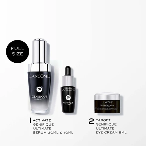 Image 2 - The image shows three black and silver Lancôme Génifique skincare products on a white background: a large serum pump bottle, a smaller serum dropper bottle, and an eye cream jar. Visible text includes: FULL SIZE, Lancôme Génifique Ultimate, Lancôme Génifique Ultimate, Lancôme Génifique Yeux Ultimate Crème Yeux Concentrée Double-Rêparation Dual-Repair Concentrated Eye Cream, 1 ACTIVATE Génifique Ultimate Serum 30ML & 10ML, 2 TARGET Génifique Ultimate Eye Cream 5ML. Image 3 - A woman with clear skin has a serum applied to her cheek with a dropper, with several droplets visible, next to text that reads 93% SAY SKIN LOOKS SMOOTHER*, 90% SAY SKIN QUALITY LOOKS IMPROVED*, 82% SAY SKIN LOOKS MORE GLOWING & LUMINOUS*, *SELF ASSESSMENT, 81 WOMEN, 4 WEEKS. Image 4 - A young woman with glowing skin gently applies a clear serum to her cheek, with the text INSTANTLY SOOTHED & HYDRATED SKIN* and *SELF ASSESSMENT, 81 WOMEN, IMMEDIATE USE visible. Image 5 - A Lancôme Génifique Ultimate serum bottle, black with a silver top, stands against a background of snowy mountains under a pink sky, with overlay text that reads: Suitable for all skin types, including sensitive skin, and Fast absorbing, lightweight texture. Image 6 - The image displays a Lancôme skincare routine titled OUR ULTIMATE ROUTINE, featuring two steps: 1. ACTIVATE, showing a 30ml Génifique Ultimate Serum which improves the overall skin appearance and has an anti wrinkle effect targeting the appearance of redness, fine lines and smoother skin; and 2. TARGET, showing a 10ml Génifique Ultimate Serum and a 5ml Génifique Yeux Ultimate Crème Yeux Double-Restauration Dual-Recovery Eye Cream, which reduces dark circles, puffiness, lines, dullness.
