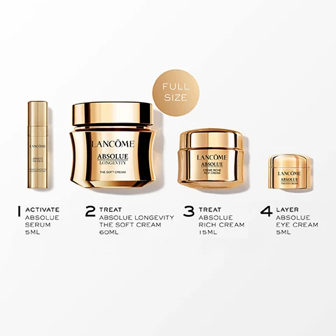 Image 2 - Four gold and black Lancôme Absolue skincare products are displayed on a white background, with a gold circle labeled FULL SIZE at the top right, and descriptions below each product: 1 ACTIVATE ABSOLUE SERUM 5ML, 2 TREAT ABSOLUE LONGEVITY THE SOFT CREAM 60ML, 3 TREAT ABSOLUE RICH CREAM 15ML, and 4 LAYER ABSOLUE EYE CREAM 5ML. Image 3 - A golden jar of Lancôme Absolue Longevity The Soft Cream sits on a pink, illustrated surface with Paris landmarks and festive designs, with visible text that reads: HOUSED IN A PRECIOUS GOLD JAR - REFILLABLE IN A 60ML FORMAT, LANCOME ABSOLUE LONGEVITY THE SOFT CREAM, LANCOME PARIS, and Gift the extraordinary. Image 4 - A shiny, golden, abstract substance with internal glowing threads is prominently displayed against a soft, blurred golden background, accompanied by the text POWERED BY ABSOLUE PDRN (TM) KNOWN TO BOOST SKIN ENERGY AND METABOLISM. Image 5 - A golden Lancôme Absolue The Soft Cream jar with its lid slightly open, revealing pink cream inside, is set against a shimmering golden background, accompanied by the text Reverses Ageing Signs in Just 1 Week*, 98% Say Skin Feels Firmer*, 88% Say Skin Look Tightened, As If Lifted*, Lancôme Absolue Longevity The Soft Cream, and *Consumer self-assessment, 50 women, at 1 week. Image 6 - A promotional image displays two golden Lancôme Absolue cream jars, an older version on the left and a newer, curvier version on the right, presented against a golden, swirling background, with text above them reading ORIGINAL: ABSOLUE THE SOFT CREAM and NEW: ABSOLUE LONGEVITY THE SOFT CREAM, the left jar is labeled Lancôme ABSOLUE CRÈME FONDANTE SOFT CREAM AUX GRANDS EXTRAITS DE ROSE WITH GRAND ROSE EXTRACTS, the right jar is labeled Lancôme ABSOLUE LONGEVITY THE SOFT CREAM, and text at the bottom states SAME ICONIC TEXTURE & SCENT NOW POWERED BY ABSOLUE PDRN (TM) BOOSTS SKIN METABOLISM. Image 7 - A woman with pulled-back hair applies a pink cream to her cheek, highlighted by a dotted circle, with the text: SILKY, WEIGHTLESS TEXTURE. INTENSELY HYDRATING, FAST ABSORBING. Image 8 - A promotional image for Lancômes Absolue skincare line, featuring a gold serum bottle and three gold cream jars alongside product texture swatches: Complete Absolue Routine, A powerful youth activating program that helps recover skin barrier, boost skin radiance and fight signs of ageing, 1. Serum Helps accelerate skin surface cell renewal with Absolue The Serum 5ML, 2. Eye Cream Delay appearance of eye wrinkles with Absolue The Eye Cream 5ML, 3. Moisturiser Our first topical PDRN cream to visibly extend skins youth and richly hydrating cream for skin surface renewal, showing Absolue Longevity The Soft Cream 60ML and Absolue The Rich Cream 15ML.