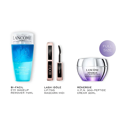 Image 2 - The image displays three Lancôme beauty products and their descriptions: a two-phase blue and clear bottle of Bi-Facil eye makeup remover labeled Lancôme Paris, BI-FACIL, DÉMAQUILLANT RAPIDE EFFET NON GRAS, NON-OILY INSTANT CLEANSER, described as BI-FACIL EYE MAKEUP REMOVER 75ML; a rose gold tube of Lash Idôle mascara with its wand, both labeled LANCÔME, IDÔLE LASH, described as LASH IDÔLE LIFITNG MASCARA MIDI; and a silver and purple jar of Rénergie cream labeled Lancôme, RÉNERGIE, H.P.N. 300-PEPTIDE CREAM, CRÈME ANTI-ÂGE HAUTE-PERFORMANCE, HIGH-PERFORMANCE ANTI-AGING CREAM, described as RÉNERGIE H.P.N. 300-PEPTIDE CREAM 30ML, with a purple circle in the upper right corner indicating FULL SIZE. Image 3 - The image displays a large white letter H over a light blue abstract background, a large white letter P over a dark blue bubbly background, and a large white letter N over another light blue abstract background, with the text HYALURONIC ACID under H, 300 PEPTIDES under P, and NIACINAMIDE under N. Image 4 - Three women with different skin tones are shown applying a cream to their faces, with visible text that reads: SKIN REGENERATES FASTER, EVEN AS YOU AGE, TARGETS APPEARANCE OF DARK SPOTS*, FACE AND NECK FEEL LIFTED*, WRINKLES APPEAR REDUCED*, and *BASED ON A SELF ASSESSMENT STUDY OF 75 WOMEN. Image 5 - An arrangement of various Lancôme Renergie skincare products including serums, creams, and eye cream are displayed against a backdrop of snowy mountains and festive pink gift boxes, with visible text that reads SHOP THE COLLECTION, RÉNERGIE H.C.F. TRIPLE SERUM, LANCOME RÉNERGIE H.C.F. TRIPLE SERUM HYALURONIC ACID + C + NIACINAMIDE + FERULIC ACID, RÉNERGIE H.P.N. 300-PEPTIDE CREAM, LANCOME RÉNERGIE H.P.N. 300-PEPTIDE CREAM CRÈME ANTI-AGE HAUTE-PERFORMANCE HIGH-PERFORMANCE ANTI-AGING CREAM, NEW RÉNERGIE C.R.X. TRIPLE SERUM RETINOL, LANCOME RÉNERGIE C.R.X. TRIPLE SERUM RETINOL PURE VITAMIN C + PURE RETINOL + X-PEPTIDE, RÉNERGIE EYE CREAM, LANCOME RÉNERGIE YEUX, LANCOME PARIS, Gift the extraordinary.