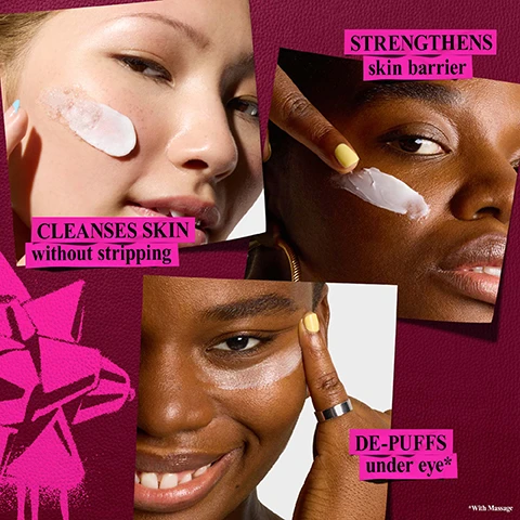 Image 1 - A collage of three close-up photos shows people of different skin tones applying a white skincare product to their faces, with visible text that reads STRENGTHENS skin barrier, CLEANSES SKIN without stripping, DE-PUFFS under eye*, and *With Massage. Image 2 - Three swatches of skincare products are shown on a white background: a foamy white cleanser, a smooth white cream, and a pale yellow cream, with a red stylized K logo on the bottom left; text labels read GENTLE Facial Cleanser, HYDRATING Moisturiser, and HYDRATING Eye Cream. Image 3 - The image displays three Kiehls skincare products: an Ultra Facial Barrier-Hydrating Cleanser tube, a Creamy Eye Treatment with Avocado jar with yellow cream, and an Ultra Facial Cream jar, arranged on a white background with a side panel detailing ingredient benefits, and includes visible text K Our Products With: KIEHLS SINCE 1851 ULTRA FACIAL BARRIER-HYDRATING CLEANSER Cream-to-Foam Formula with Amino Acids, Squalane and Glycerin unscented formula for all skin types 1.0 fl. oz. - 30 ml KIEHLS SINCE 1851 CREAMY EYE TREATMENT with Avocado 0.5 fl. oz. - 14 ml KIEHLS SINCE 1851 ULTRA FACIAL CREAM 24-Hour, Daily Lightweight Hydrating Formula with 4.5% Squalane and Glacial Glycoprotein GLYCERIN Helps hydrate the skin barrier AVOCADO OIL Helps moisturise and nourish skin SQUALANE Replenishes skin moisture barrier Kiehls Since 1851. Image 4 - A skincare product advertisement shows three Kiehls products against a dark red, textured background with bright pink brushstrokes, displaying the text RECOMMENDED ORDER OF USE: STEP 1 Cleanses without stripping, featuring Kiehls Since 1851 Ultra Facial Barrier-Hydrating Cleanser Cream-to-Foam Formula with Amino Acids, Squalane and Glycerin, unscented formula for all skin types, 1.0 fl. oz. - 30 ml; STEP 2 Depuff under eye area*, featuring Kiehls Since 1851 Creamy Eye Treatment with Avocado, 0.95 fl oz - 28 ml; and STEP 3 Strengthen skin barrier, featuring Kiehls Since 1851 Ultra Facial Cream 24-Hour, Daily Lightweight Hydrating Formula with 4.5% Squalane and Glacial Glycoprotein, 1.7 fl. oz. - 50 ml, with an asterisk note *With Massage. Image 5 - A collection of Kiehls skincare products including an open jar of KIEHLS SINCE 1851 ULTRA FACIAL CREAM 24-Hour, Daily Lightweight Hydrating Formula with 4.5% Squalane and Glacial Glycoprotein, a tube of KIEHLS SINCE 1851 ULTRA FACIAL BARRIER-HYDRATING CLEANSER Cream-to-Foam Formula with Amino Acids, Squalane and Glycerin unscented formula for all skin types 1.0 fl. oz. - 30 ml, and an open jar of KIEHLS SINCE 1851 CREAMY EYE TREATMENT with Avocado, is displayed on a green map-patterned surface with a magenta border, featuring a gold ornament with a pink bird and a golden mortar, next to a magenta label that reads Give the gift of DEEP FACIAL HYDRATION this holiday!