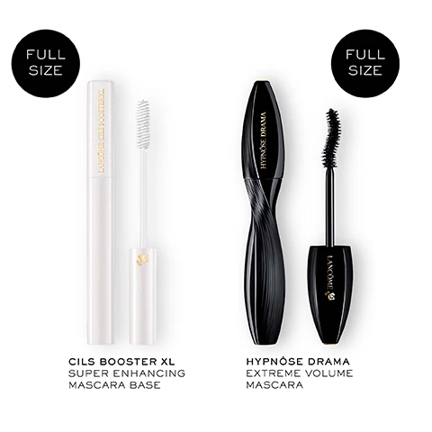Image 2 - Two mascara products are displayed on a white background: a white tube of mascara primer with its white brush extended on the left, and a black, twisted mascara tube with its black brush extended on the right, with the visible text FULL SIZE FULL SIZE LANCOME CILS BOOSTER XL HYPNÔSE DRAMA LANCOME CILS BOOSTER XL SUPER ENHANCING MASCARA BASE HYPNÔSE DRAMA EXTREME VOLUME MASCARA. Image 3 - The image displays a before and after comparison of mascara application on three different pairs of eyes, showing various lash types with increased volume after use, with the text Up to 17x More Volume*, Before, After, Dense Lashes, Curled Lashes, Short Lashes, and *After 2x Coats. Image 4 - A black Lancôme Hypnôse Drama mascara tube is presented alongside three dishes containing ingredients: a dark purple rose-shaped gel, amber liquid drops, and a black onyx-like substance with powder; text associated with these elements states BLACK BACCARA ROSE FOR SMOOTHER LOOKING LASHES, 2% BONDING COMPLEX LASHES FEEL FORTIFIED*, and BLACK ONYX PIGMENTS SMOLDERING INTENSITY, with a final note *IN A CONSUMER TEST AFTER 2 WEEKS OF DAILY USE. Image 5 - Three Lancôme mascaras, including a black Hypnôse Drama with its brush extended, a rose gold Idôle Flutter Extension, and a black and rose gold Lash Idôle, are arranged on a light pink surface adorned with winter and Paris-themed illustrations, with snow-capped mountains visible in the background, alongside the text Shop the Collection, Hypnôse Drama, Lancôme, Hypnôse Drama Mascara Extreme Volume, Lancôme, Idôle Flutter Extension, Lash, New Lash Idôle Flutter Extension Extreme Length, Lancôme, Idôle Lash, Lash Idôle Mascara, Lifting Mascara the extraordinary. Image 6 - The image depicts a two-step lash routine titled OUR LASH PERFECT LOOK, with the first step 1. DEFINE showing a white Lancôme Cils Booster XL mascara base tube and wand, with a white product swatch and instructions WITH THE ROUND SIDE OF THE BRUSH, DEFINE YOUR LASH FRINGE., followed by the product name CILS BOOSTER XL SUPER ENHANCING MASCARA BASE; the second step 2. VOLUMISE shows a black Lancôme Hypnôse Drama mascara tube and wand with a black product swatch and instructions WITH THE CURVED SIDE OF THE BRUSH, VOLUMISE YOUR LASHES FROM ROOT TO TIP., followed by the product name HYPNÔSE DRAMA EXTREME VOLUME DRAMA MASCARA.