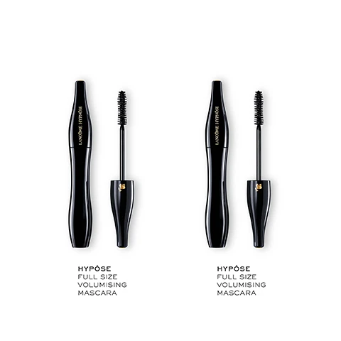 Image 2 - The image shows two identical sets of black, curvy mascara tubes on a white background, each set consisting of a closed tube and an open tube with its brush visible, with visible text Lancôme Hypnôse, HYPÔSE FULL SIZE VOLUMISING MASCARA. Image 3 - A woman with dark hair holds a black mascara wand labeled Lancôme Hypnôse near her right eye, with wireframe illustrations of a mascara tube and brush, text labels VOLUME, DEFINITION, LENGTH, CURL accompanied by progress bars on the left, and large vertical text on the right reads HYPNÔSE ORIGINAL. Image 4 - A black Lancome Hypnôse mascara tube is displayed alongside a close-up of its brush, with the text Hypnôse Original, and bar graphs indicating Volume, Definition, Length, and Curl. Image 5 - Three Lancôme mascaras, a black tube with its brush and two rose gold tubes, are arranged on a pink surface with festive illustrations and snowy mountains in the background, featuring the text Shop the Collection, Hypnôse Drama, Lancôme, Idôle Flutter Extension, Idôle Lash, Hypnôse Drama Mascara Extreme Volume, Lash Idôle Mascara Lifting Mascara the extraordinary, and New Lash Idôle Flutter Extension Extreme Length.