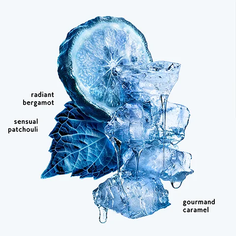 A still life arrangement features a blue-toned bergamot half, a dark blue leaf, and melting ice cubes with a viscous liquid dripping, labeled radiant bergamot, sensual patchouli, and gourmand caramel.